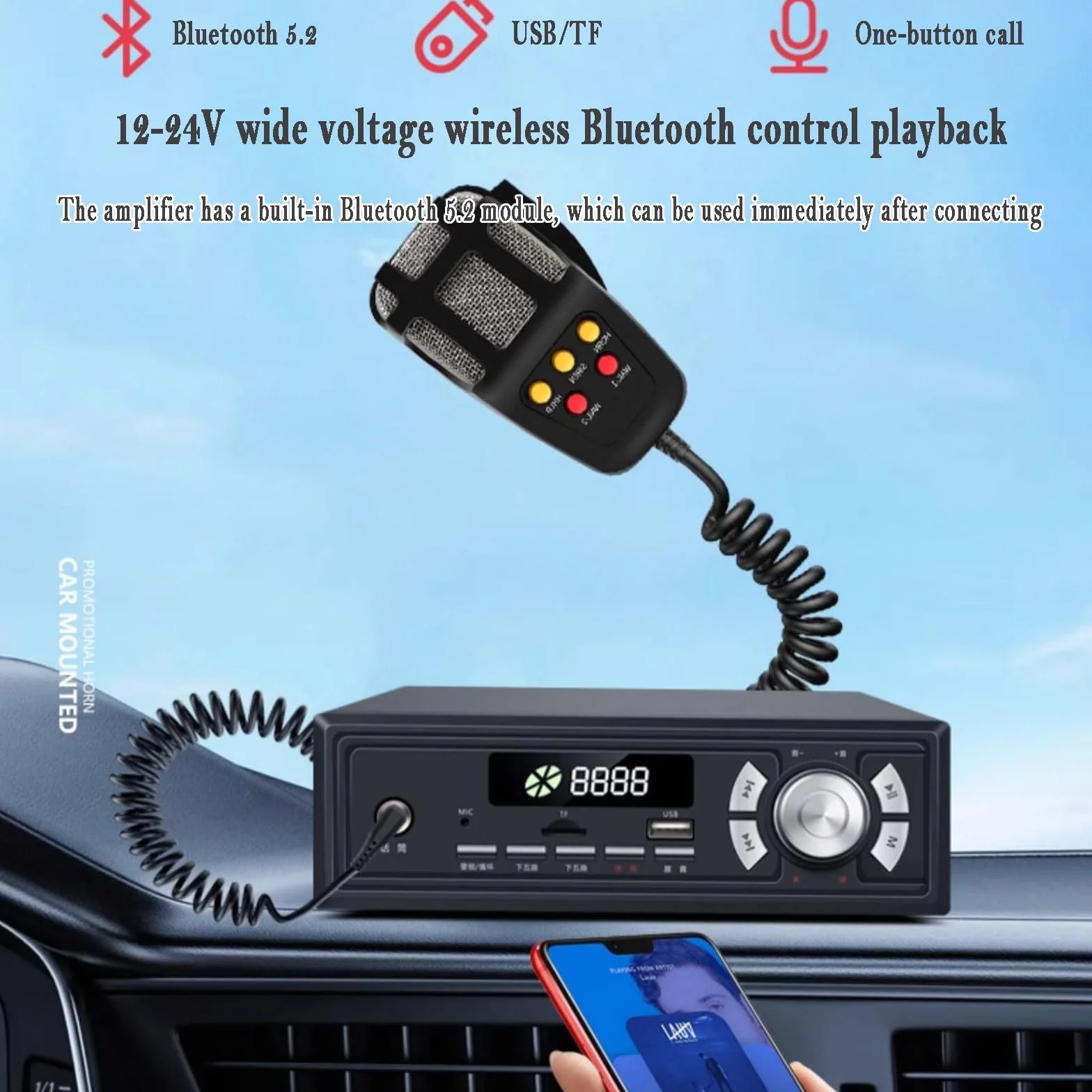 Megáfono para Coche 400 W Altavoz Publicidad Techo con Amplificador Bluetooth USB/TF 4 Tweeters 4 Woofers