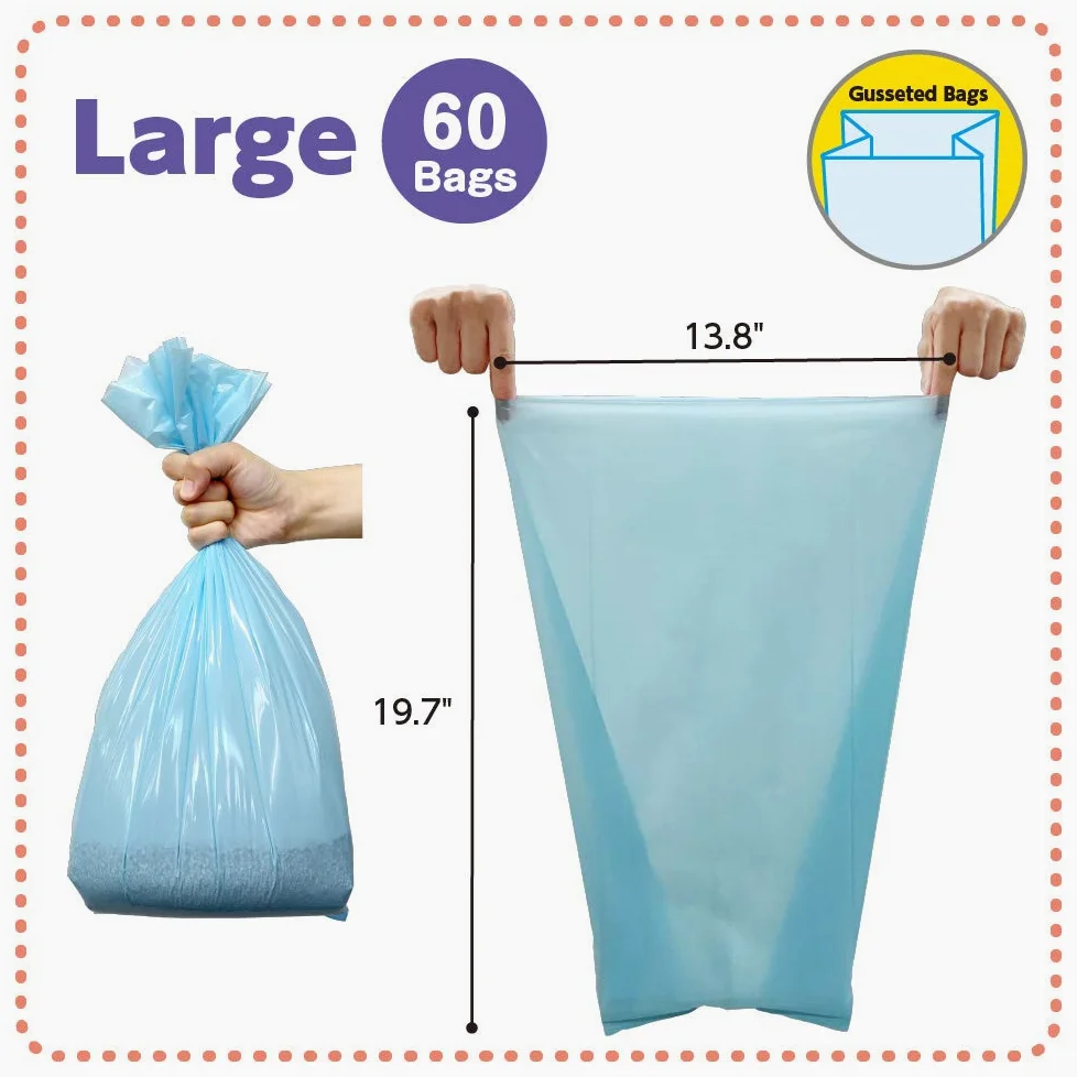 BOS - Bolsas de basura para gatos (60 bolsas, duraderas, sin perfume, tamaño L, color azul claro)
