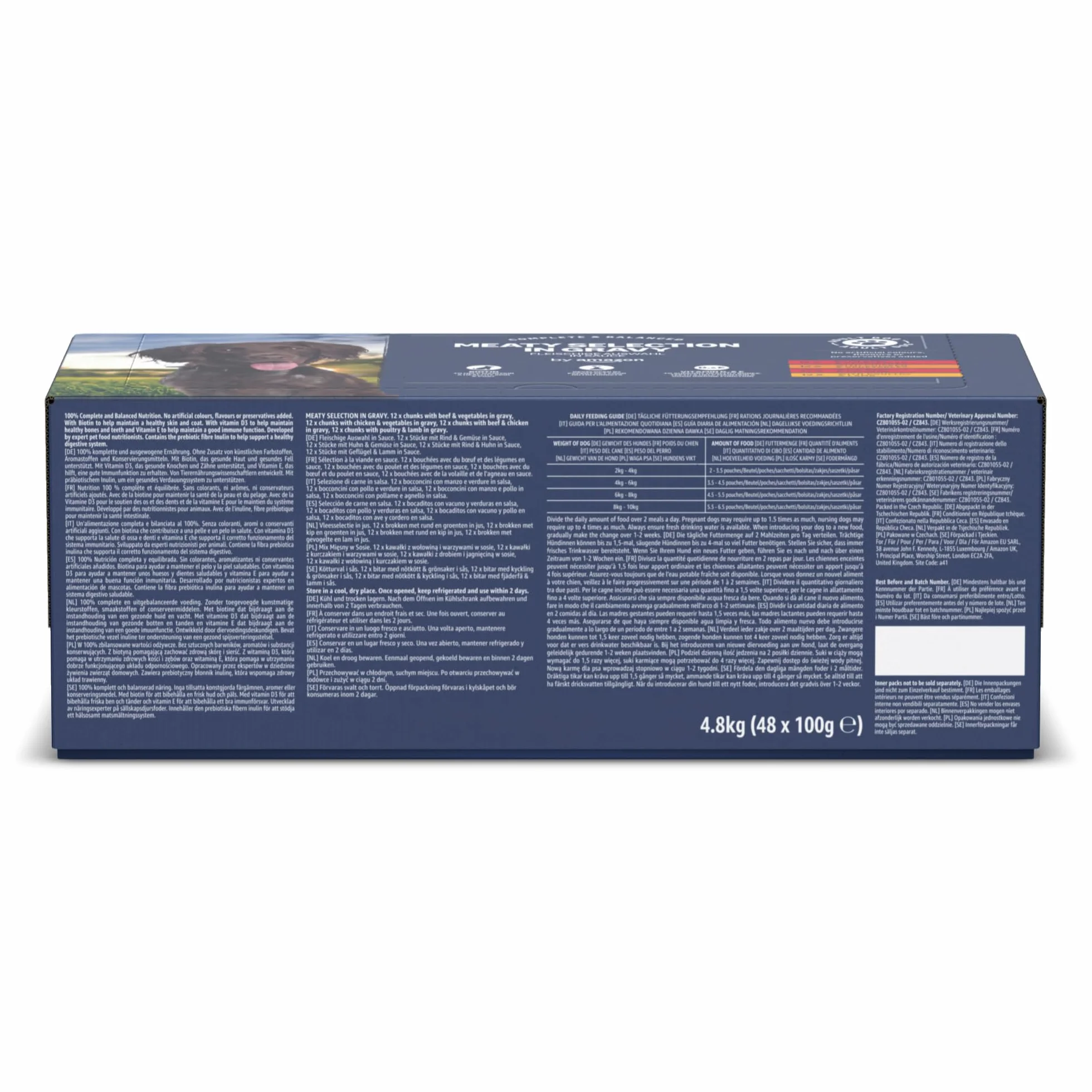 by Amazon Alimento Completo para Perros Adultos - Selección de Carne en Salsa, 4,8kg (48 Paquetes de 100g)