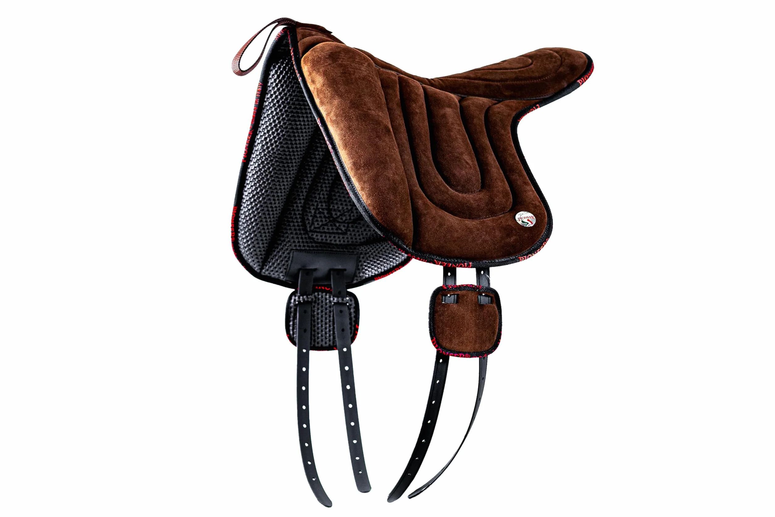 PIONEER Silla de Montar Caballo en Piel de Ante para Monta Natural, Silla de Equitación Hecha en Italia con Acolchado de Ovata y Espuma de Memoria, Bareback 50X45 cm - Cincha de Neopreno - Negro
