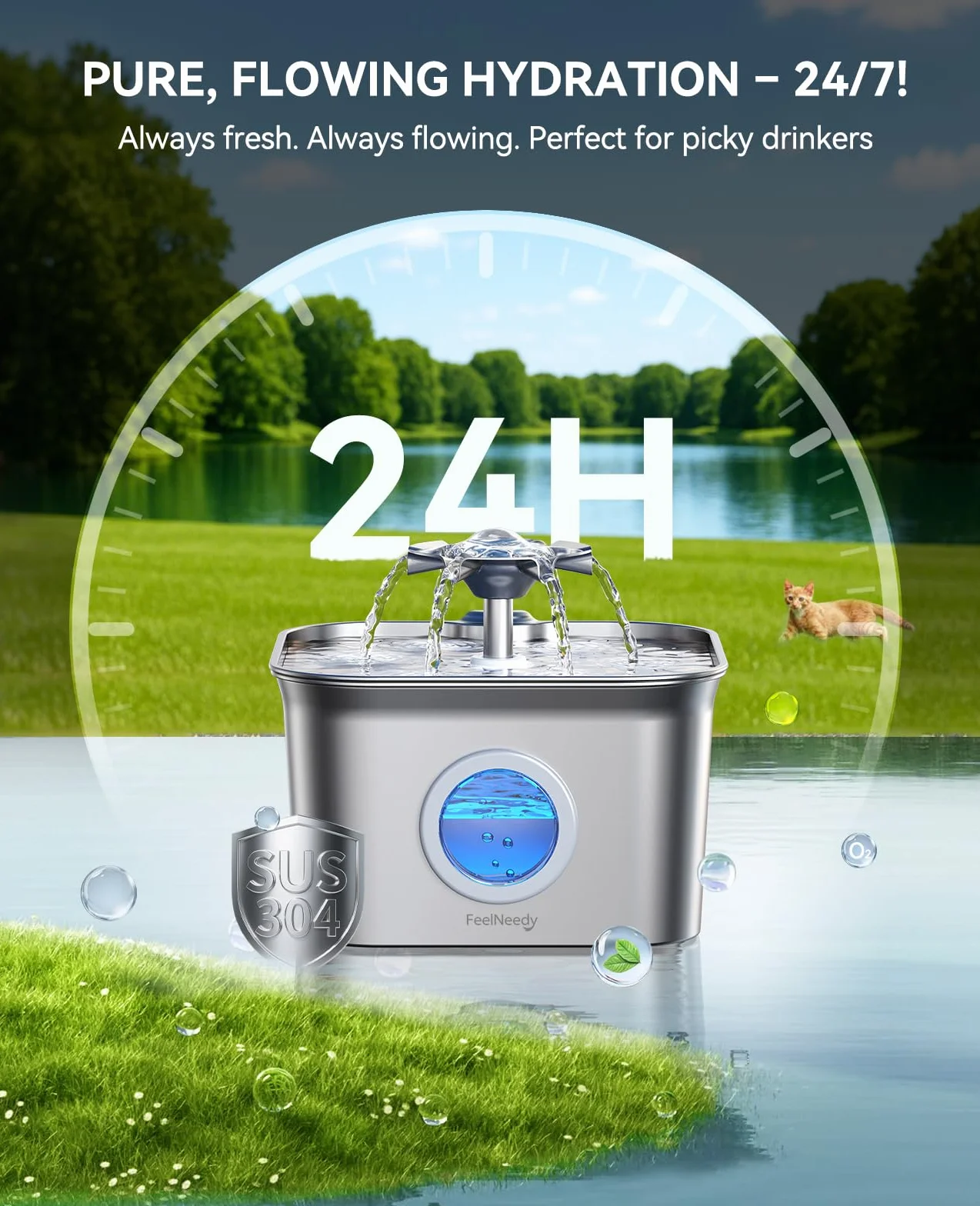 2.8L Fuente para Gatos Acero Inoxidable con 3 Filtros, FEELNEEDY Bebedero Gatos Ultra Silencioso, Filtración de Cuatro Capas, Fácil de Limpiar, Apta para Lavavajillas