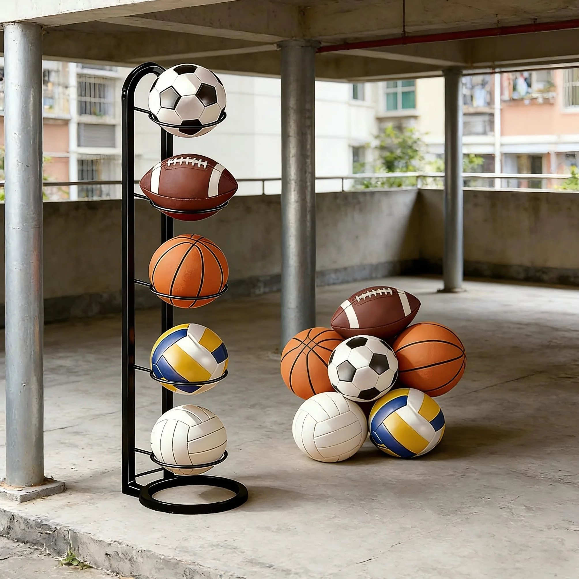 Soporte para pelotas de fútbol, baloncesto y más – Soporte de bola de metal de 5 niveles negro