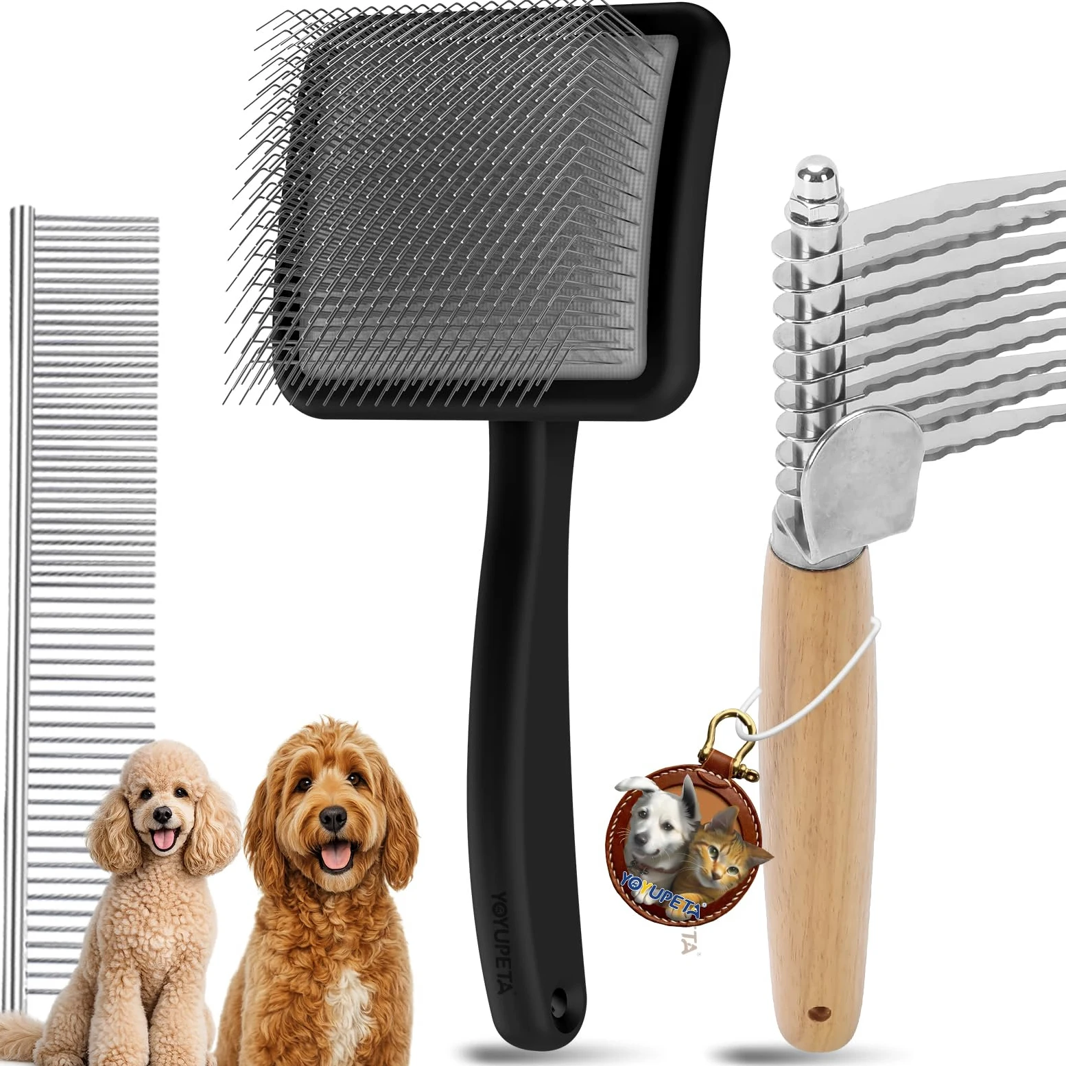 Cepillo grande para perros – Cepillo de pelo largo para alfombras y desprendimiento de pelo largo, garabatos, caniches, Goldendoodle, Labradoodle, 3 piezas de aseo con mango de madera, negro