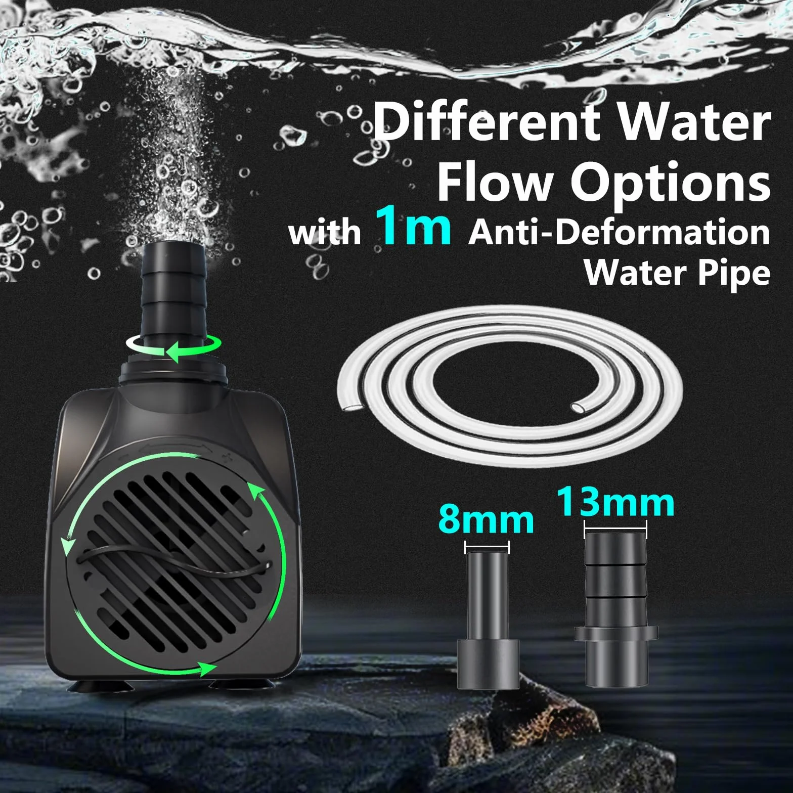 Bomba de Agua Sumergible 10W 600L/H, con Protección contra Sobrecalentamiento, Funcionamiento Ultrasilencioso. Para Estanques, Acuarios y Sistemas Hidropónicos. Incluye Cable de 1.5m Caudal Ajustable.