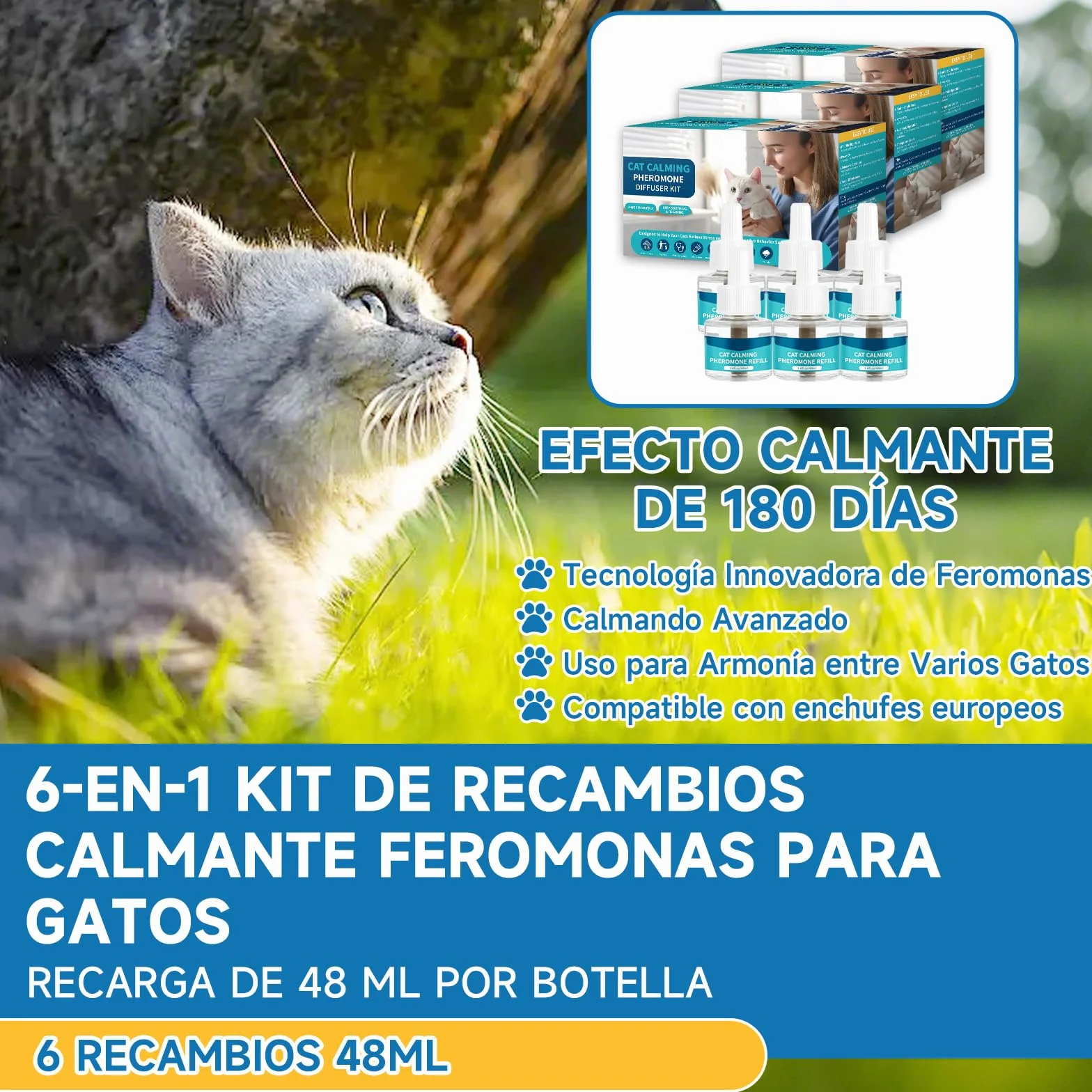 VICSOM 6 Recambios Calmante Feromonas para Gatos, Compatible con Difusores Comunes, Kit Difusor Feromonas Gatos 180 Días para Estrés, Relajación y Ansiedad, para Gatos y Gatitos (48 ml por Recarga)