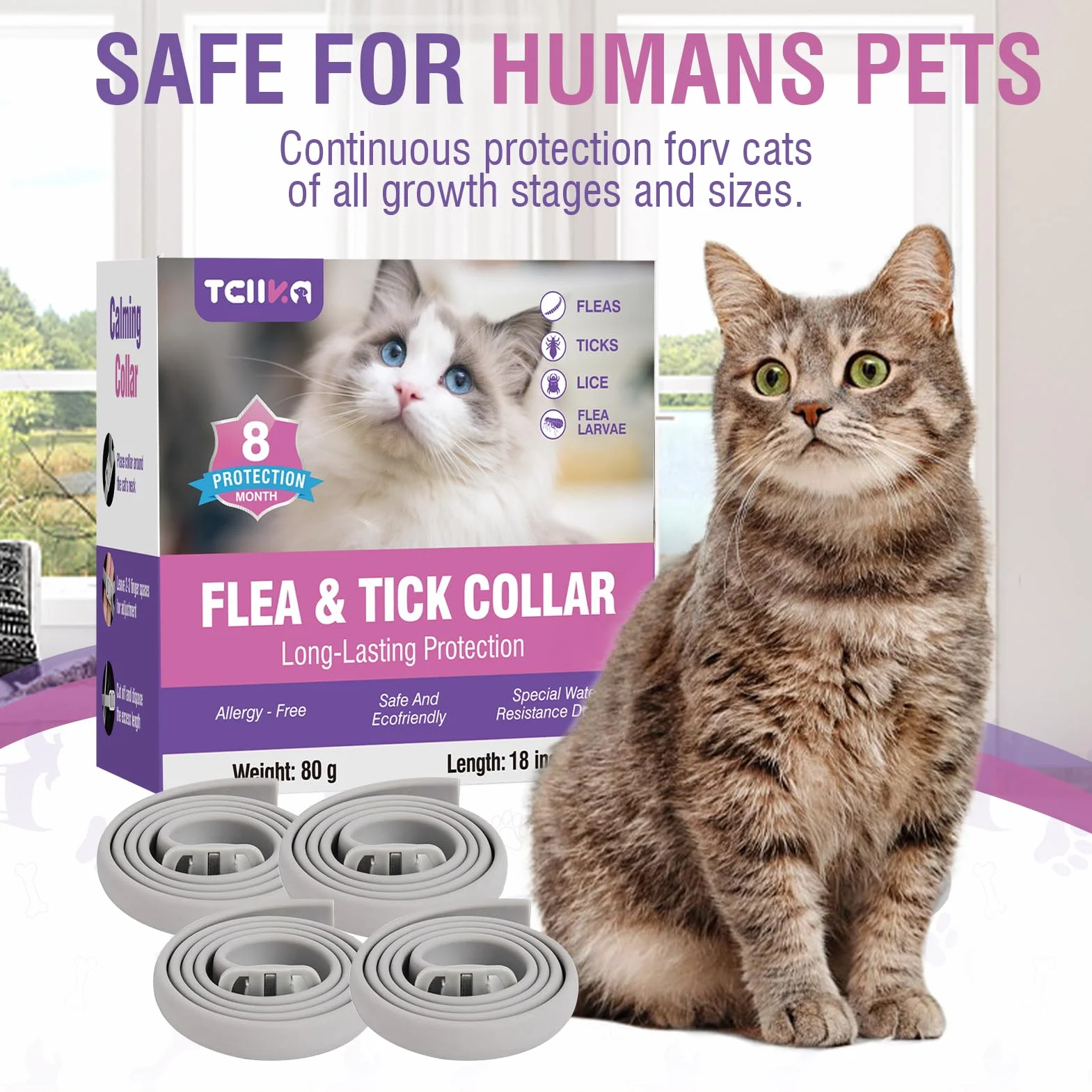 Collar Antiparasitario Gatos Collar Antipulgas Gatos 4piezas Collar Antipulgas y Garrapatas para Gatos Collar Antiparasitario 8meses de ProteccióN Duradera Impermeable TamañO Ajustable Collares Pulgas