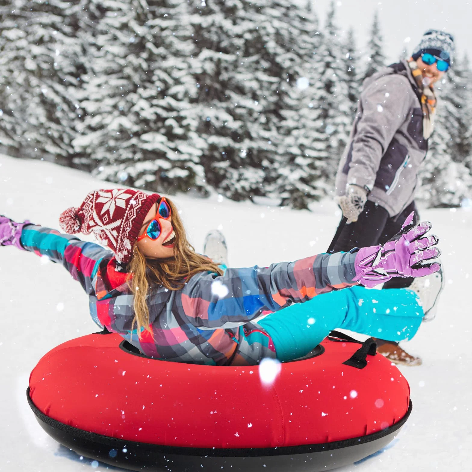 GOPLUS Trineo inflable 100 cm neumáticos de nieve con correa asiento acolchado tubo de nieve tela oxford 200 kg antideslizante para niños