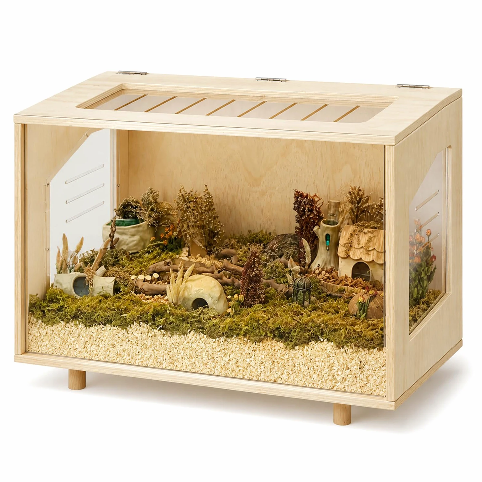 Jaula de madera para hámster, jaula transparente para cobayas, jaula de animales pequeños con parte superior abierta, marco de madera con panel acrílico
