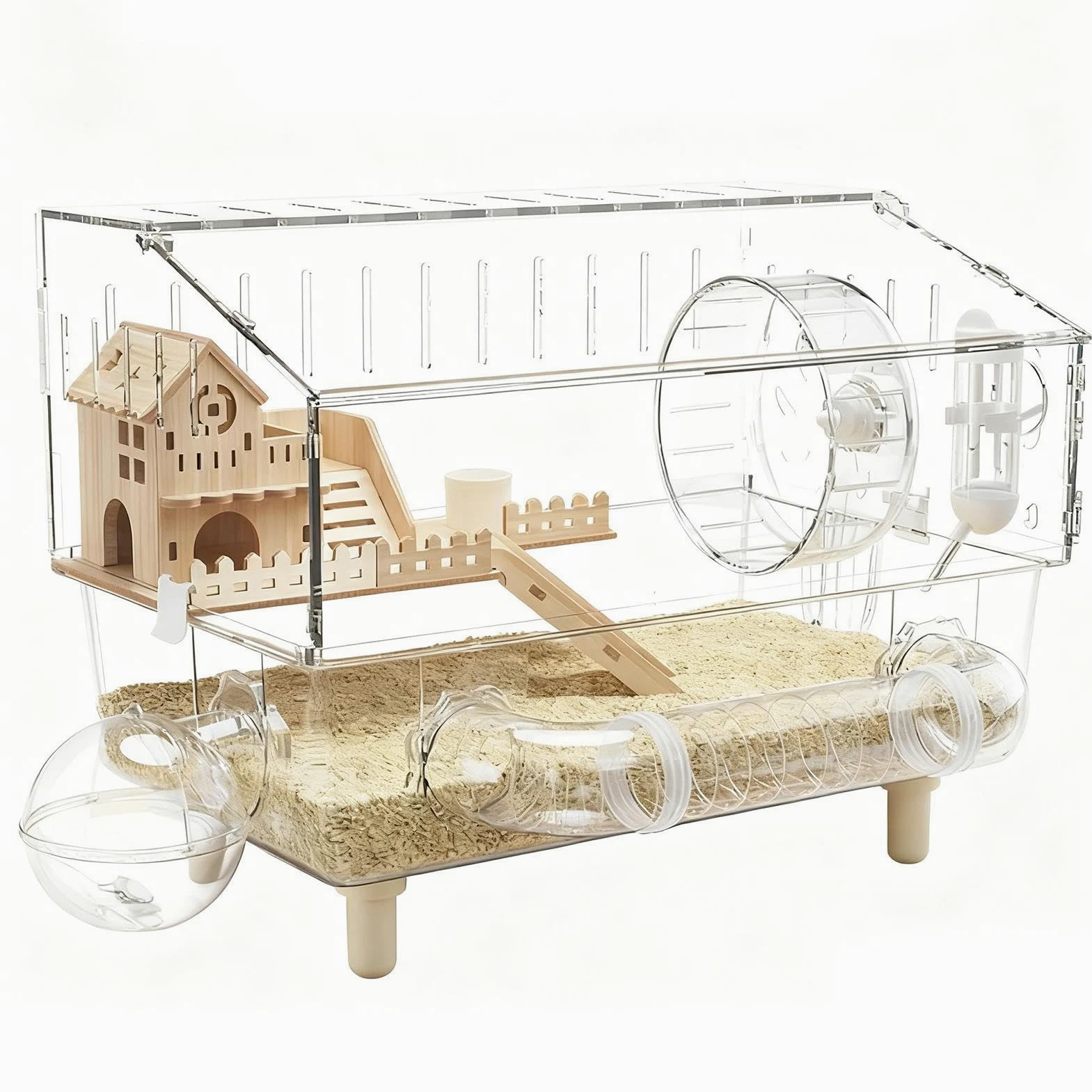 Jaula Para Hámster Hogar De Cría Transparente De 2 Niveles | Jaula para Hurón Acrílica de 45x28x34 centímetros Para Erizo Hurón Gerbo Chinchilla Mascotas Pequeñas Monitoreo
