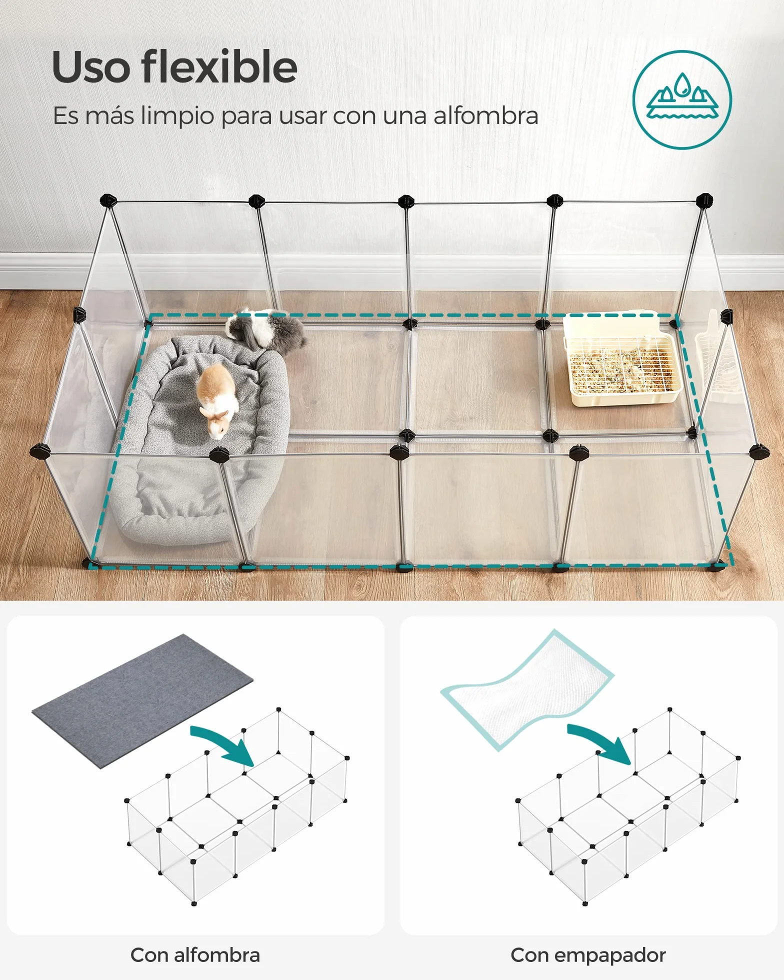 SONGMICS Valla para Mascotas, Parque para Cobayas con Suelo, Recinto Interior de Plástico Transparente para Hámsters, Conejos, Erizos, para Animales Pequeños, 143 x 73 x 46 cm, Blanco LPC02W