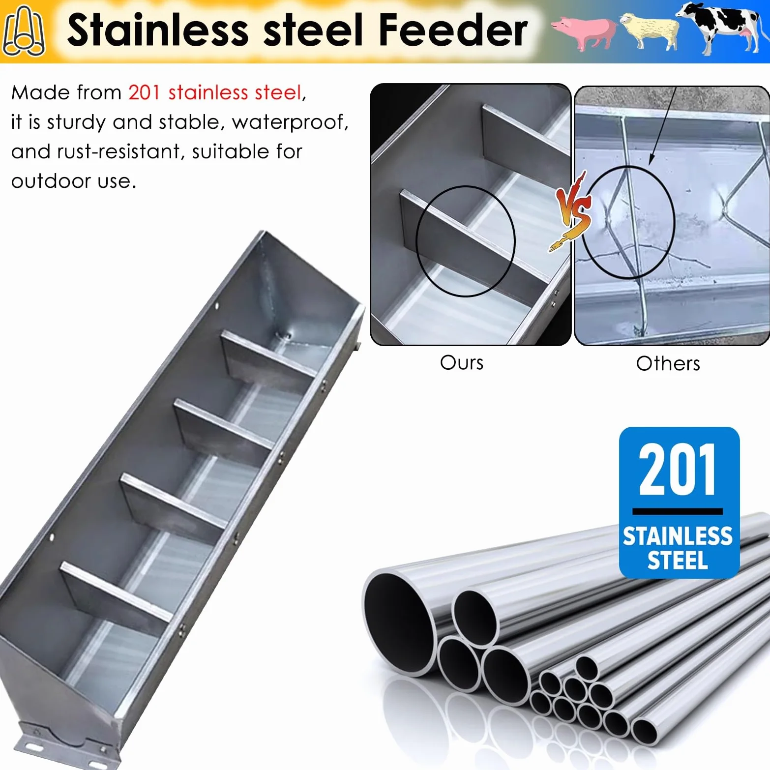 Comedero de Acero Inoxidable para establos de Caballos - 50/100/150/200 cm. Comedero para Ganado (ovejas, Vacas, Cerdos) - Comedero 2 en 1 para Grano y Agua, se Puede Colgar con Tornillos (5