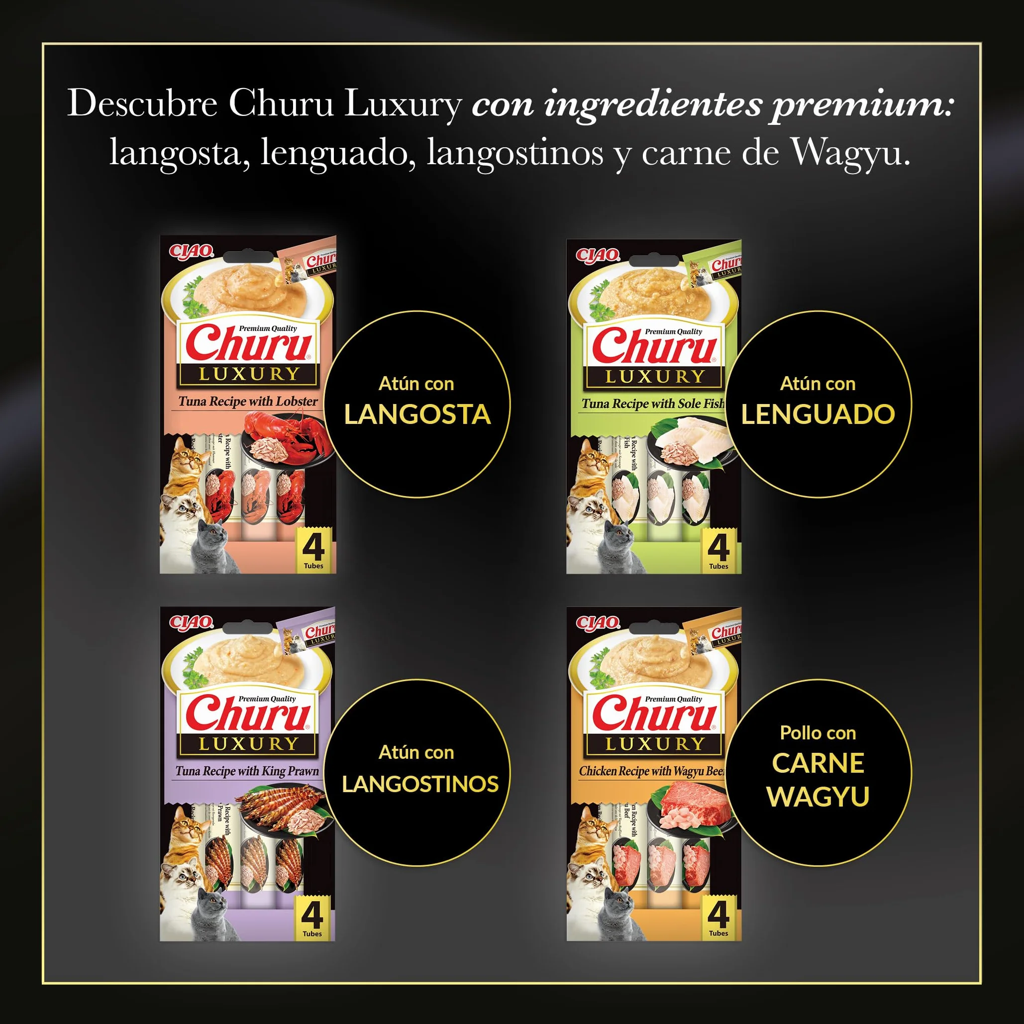 INABA Churu Luxury Gatos - Receta Saludable de Pollo y Carne de Wagyu - Deliciosos Premios con Textura Suave y Cremosa - Natural, Sin Cereales, Sin Colorantes-56g (4 Tubos x 14g)