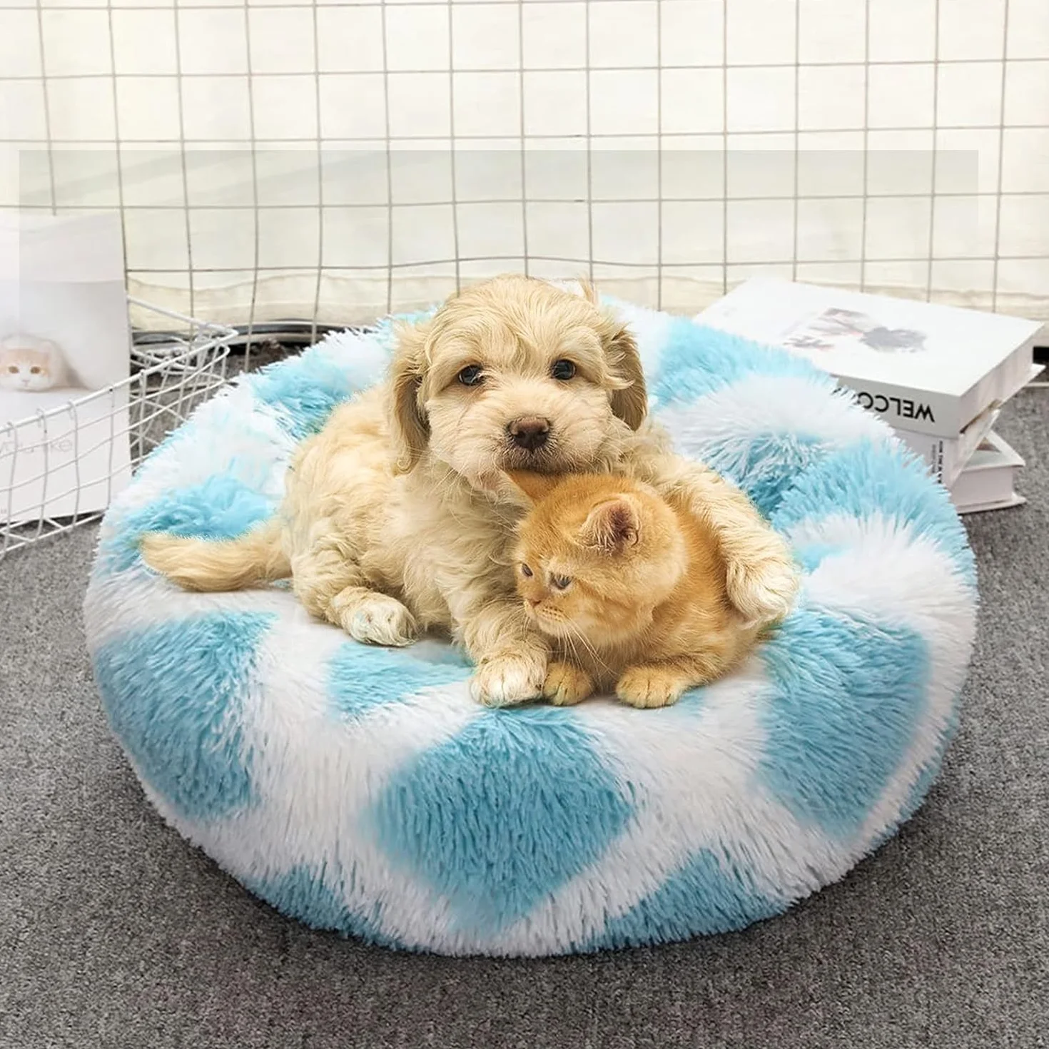 Cama Amarilla para Perros y Gatos 60 cm, Cama Redonda Tipo Donut para Mascotas, Perros Pequeños y Medianos, Felpa Suave de Pelo Largo, Funda Extraíble Lavable, Base Antideslizante para Casa