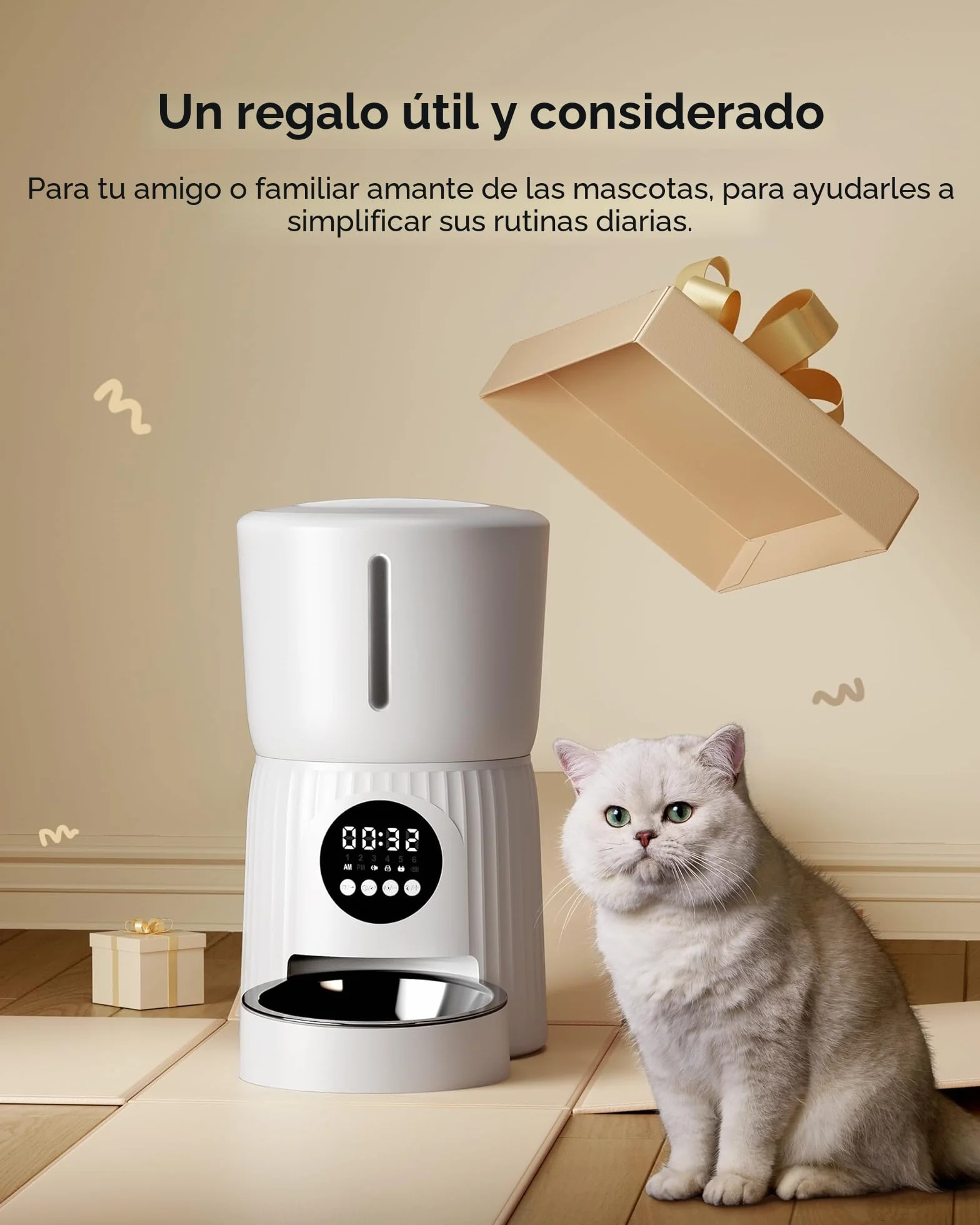 Comedero Gato Automatico, Faroro 4L Dispensador Comida Gatos/Perros con 1 a 6 Comidas Al Día, Control de Porciones, Voz 10s, Alimentación Lenta (Blanco)