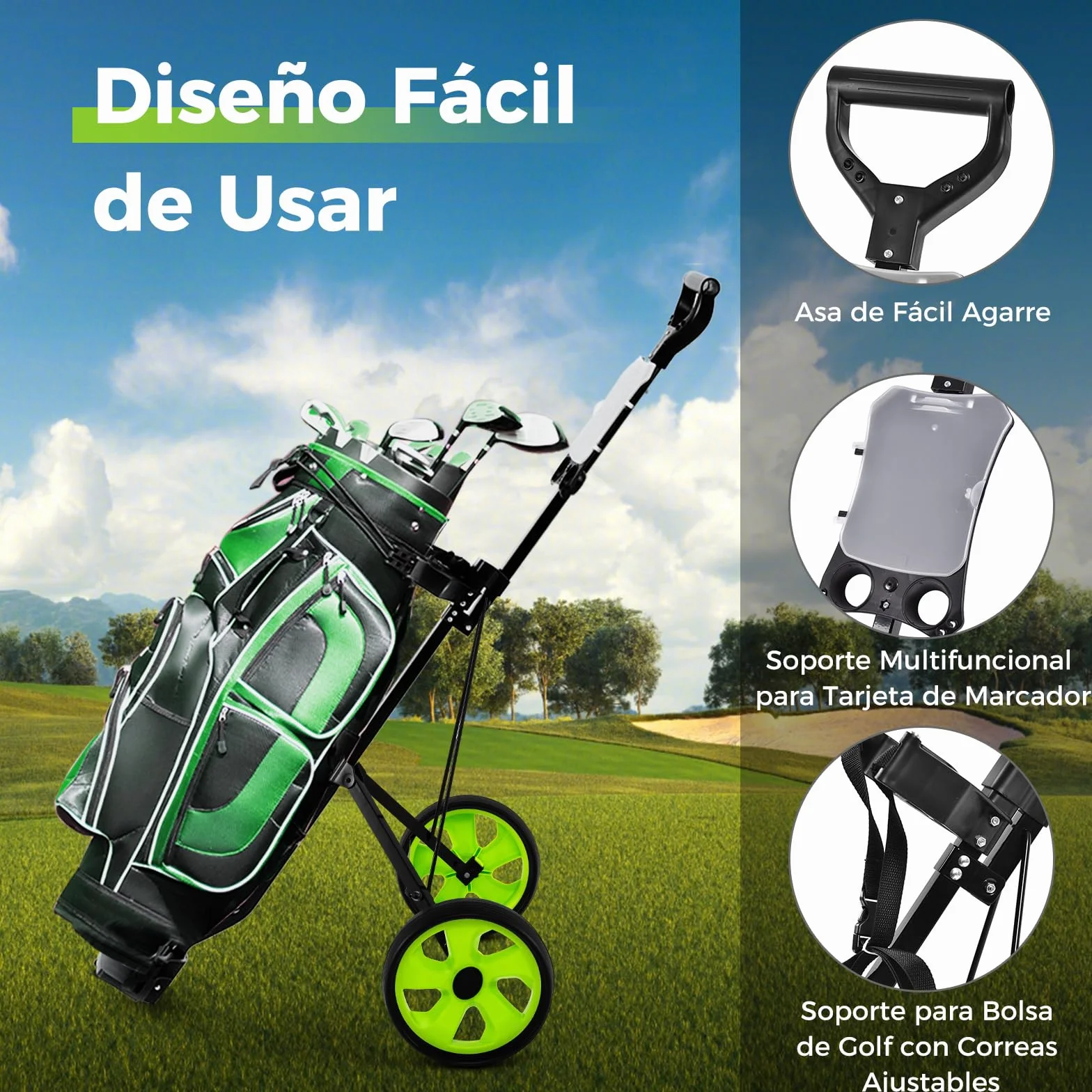 GYMAX Carrito de Golf Plegable 2 Ruedas con Correa Ajustable