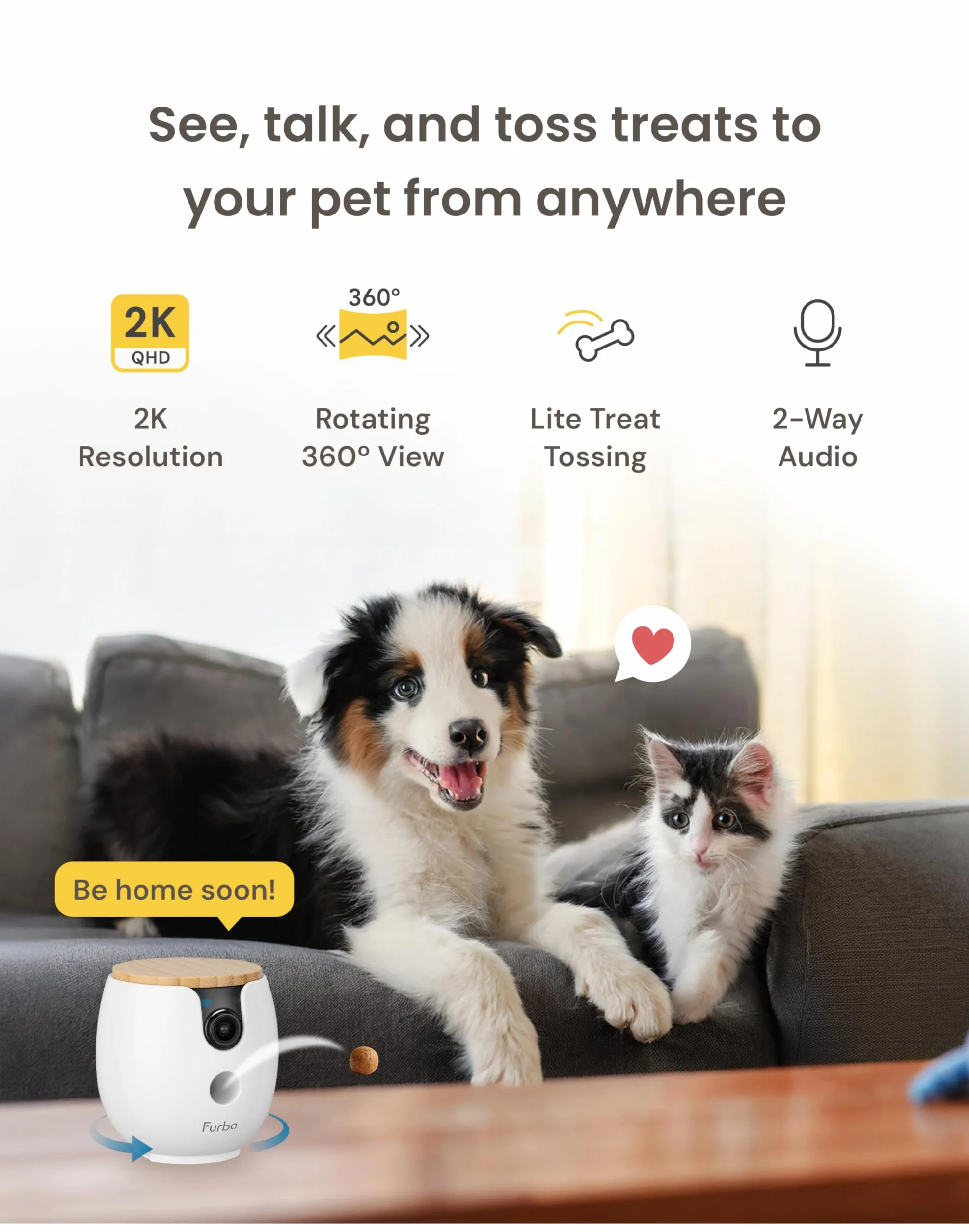 Furbo Mini cámara para Mascotas de 360°: cámara de Seguridad para el hogar, dispensador Giratorio de golosinas con aplicación de teléfono, cámara Interior Inteligente con Altavoz de 2 vías y visión