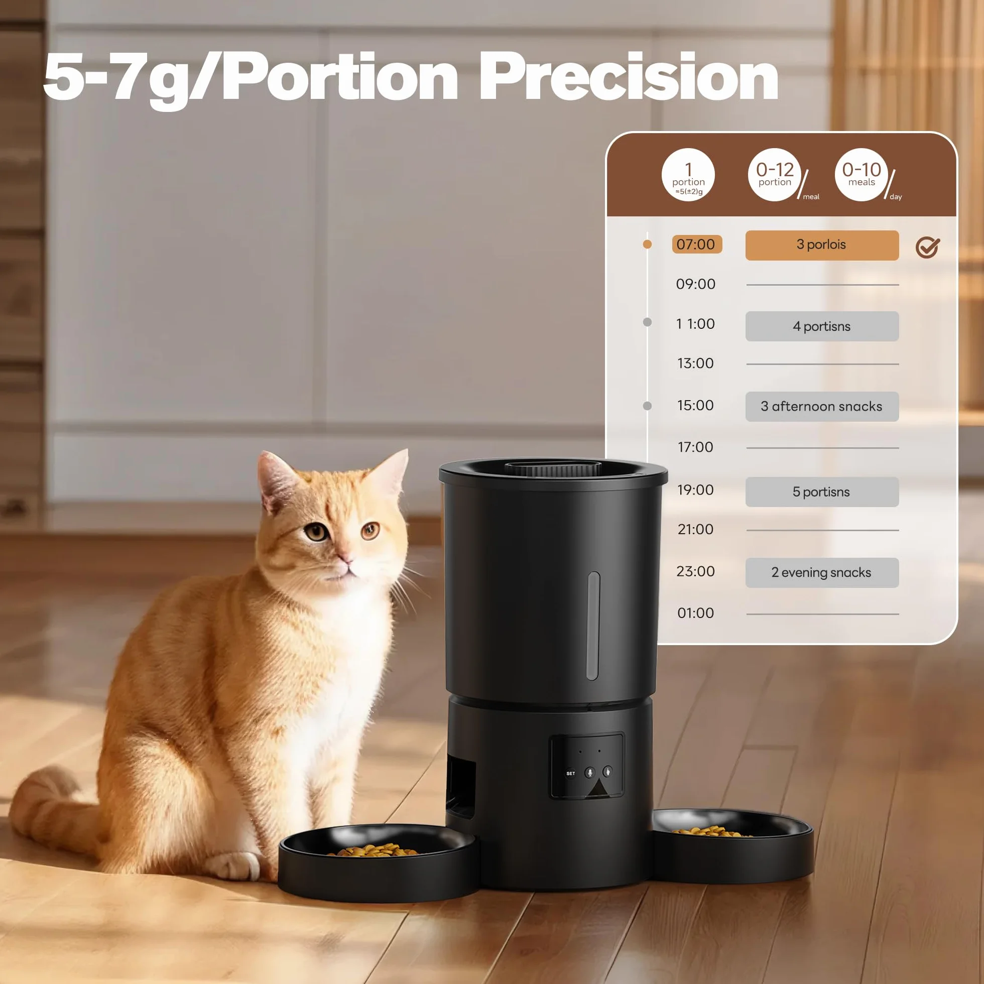 Comedero Gato Automático Doble & App: Dispensador Automático de 5L con WiFi 2.4G y Temporizador para Comida Seca - Diseño de Comedero Doble AONBOY para Múltiples Gatos y Perros - Negro