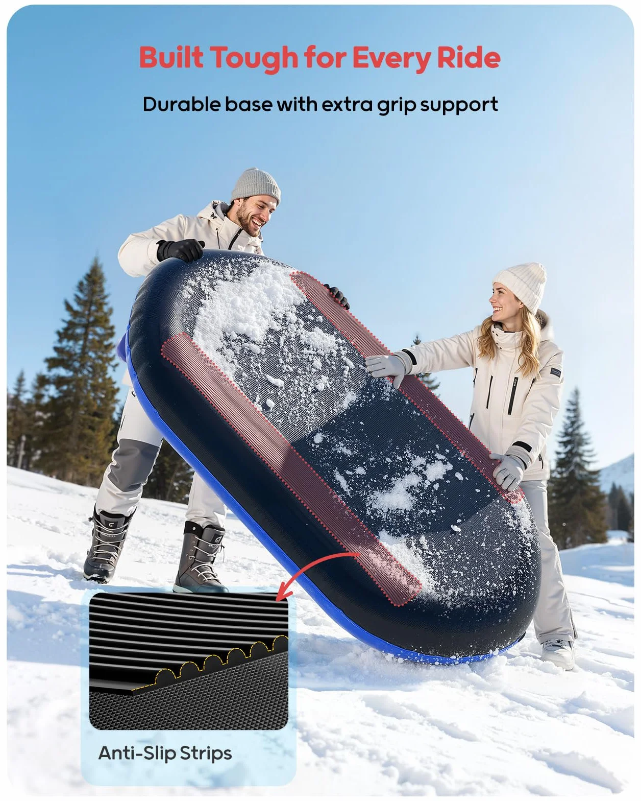 Neumático de nieve inflable para niños y adultos con dos respaldos y cuerda de tracción, asas, válvulas de soplado rápido (azul)