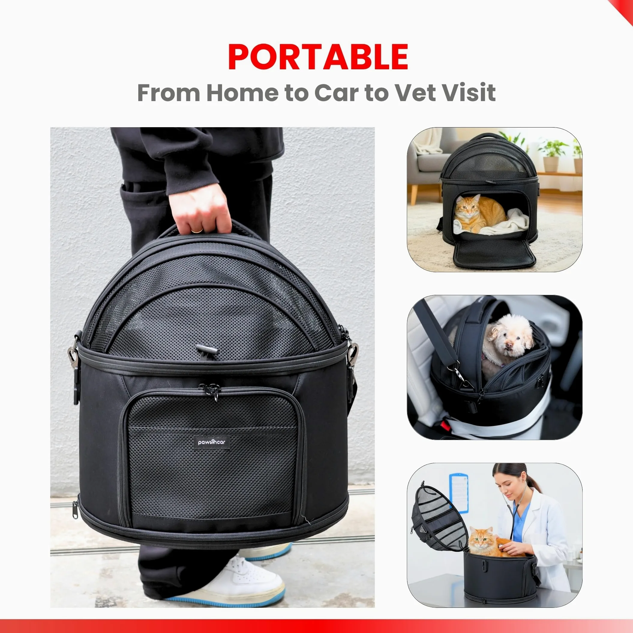 Asiento de coche portátil 3 en 1 para perros pequeños, cama para gatos y transportador de mascotas, certificado CPS para protección contra choques y viajes seguros (negro)