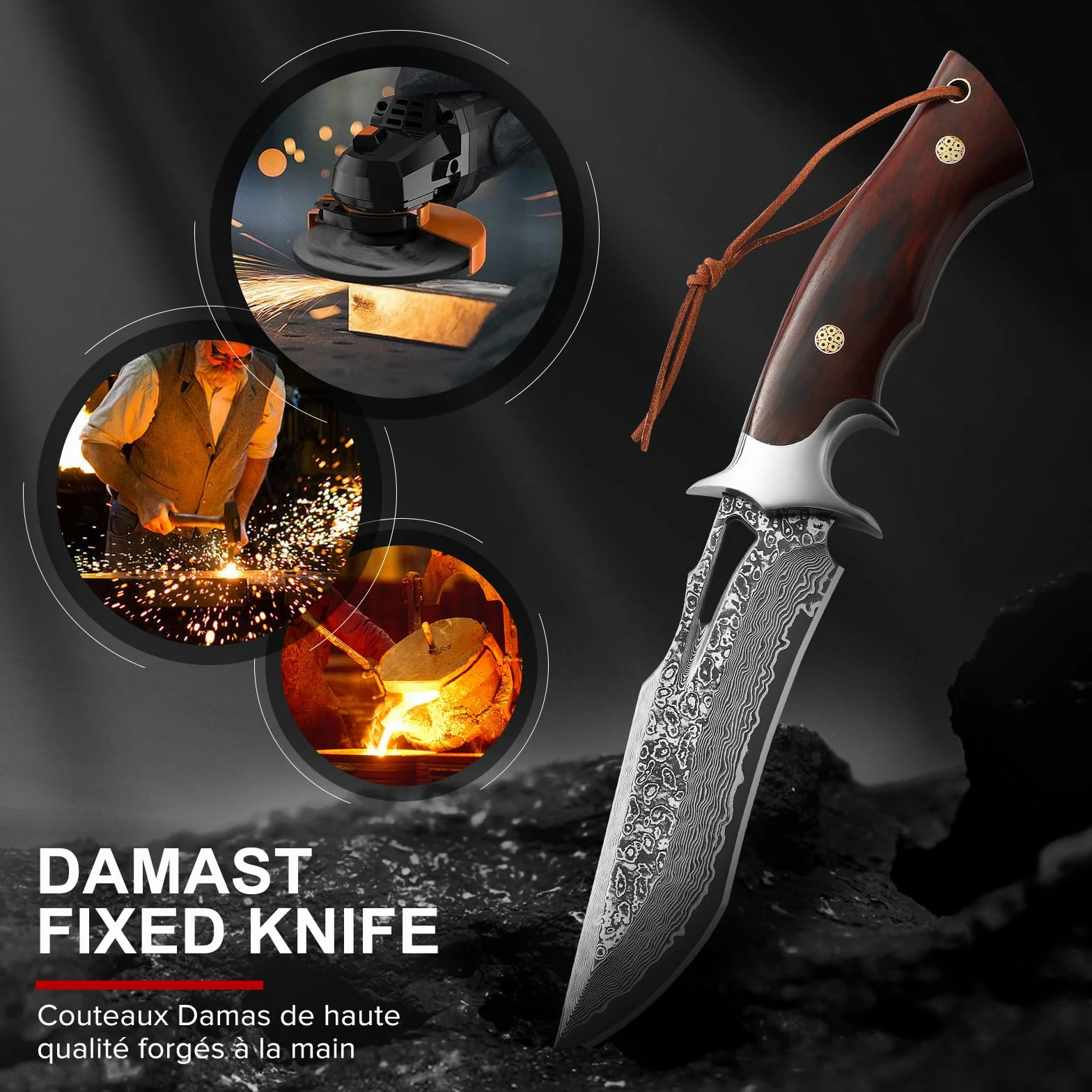 Omesio Cuchillo de Supervivencia Damasco Acero Hoja Funda Incluida Mango Madera Estilo Japonés