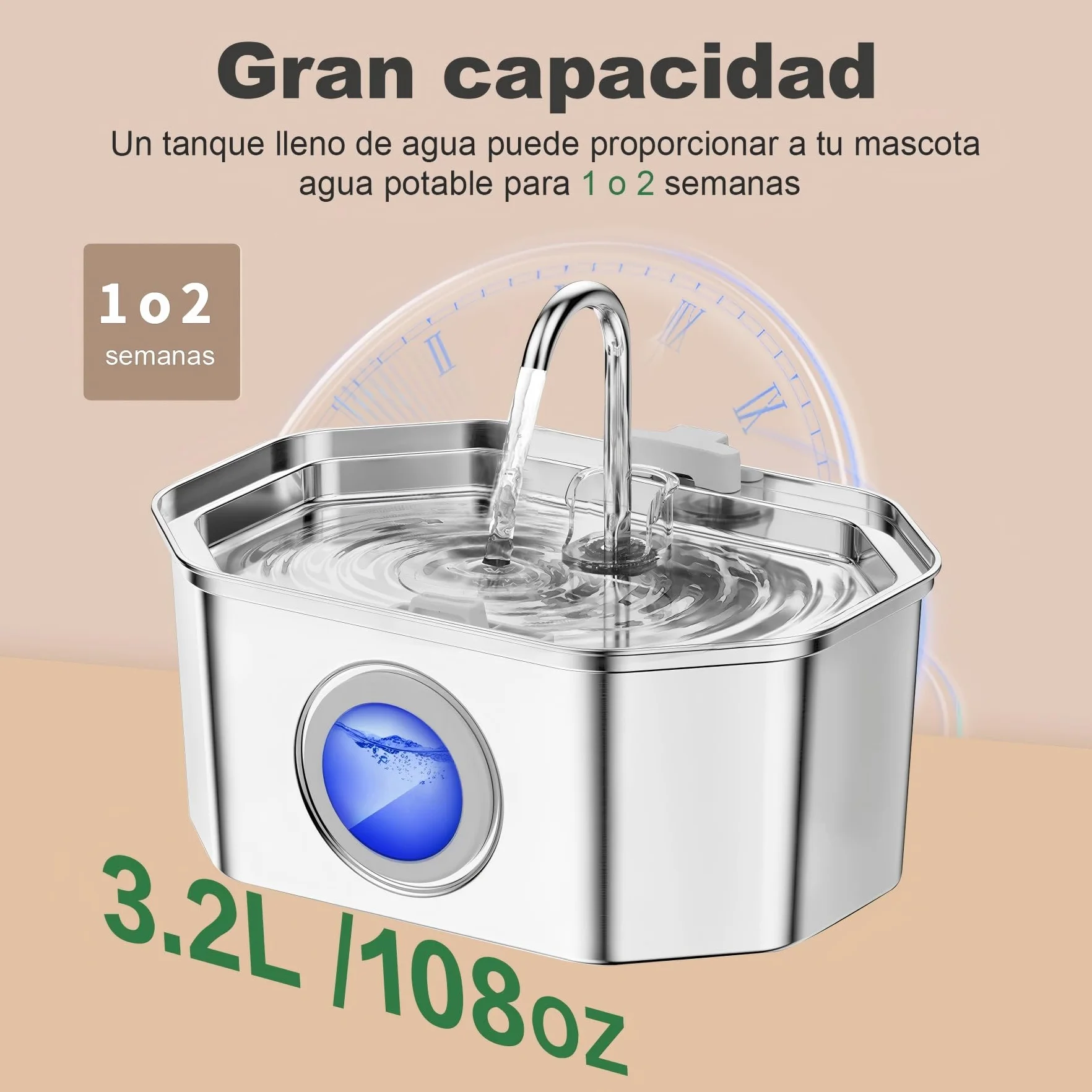 Apauk 3.2L Fuente para Gatos Acero Inoxidable, Bebedero Gatos, Silencioso Fuente de Agua para Gatos y Perros pequeños, con Ventana LED, Sistema de Filtro Multicapa(2 Filtros & 2 Esponjas)