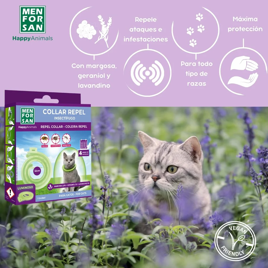 MENFORSAN Collar luminiscente Anti-Insectos para Gatos, con Tres repelentes Naturales Margosa, Geraniol y Lavandino, Cítrico, Verde, 30 cm