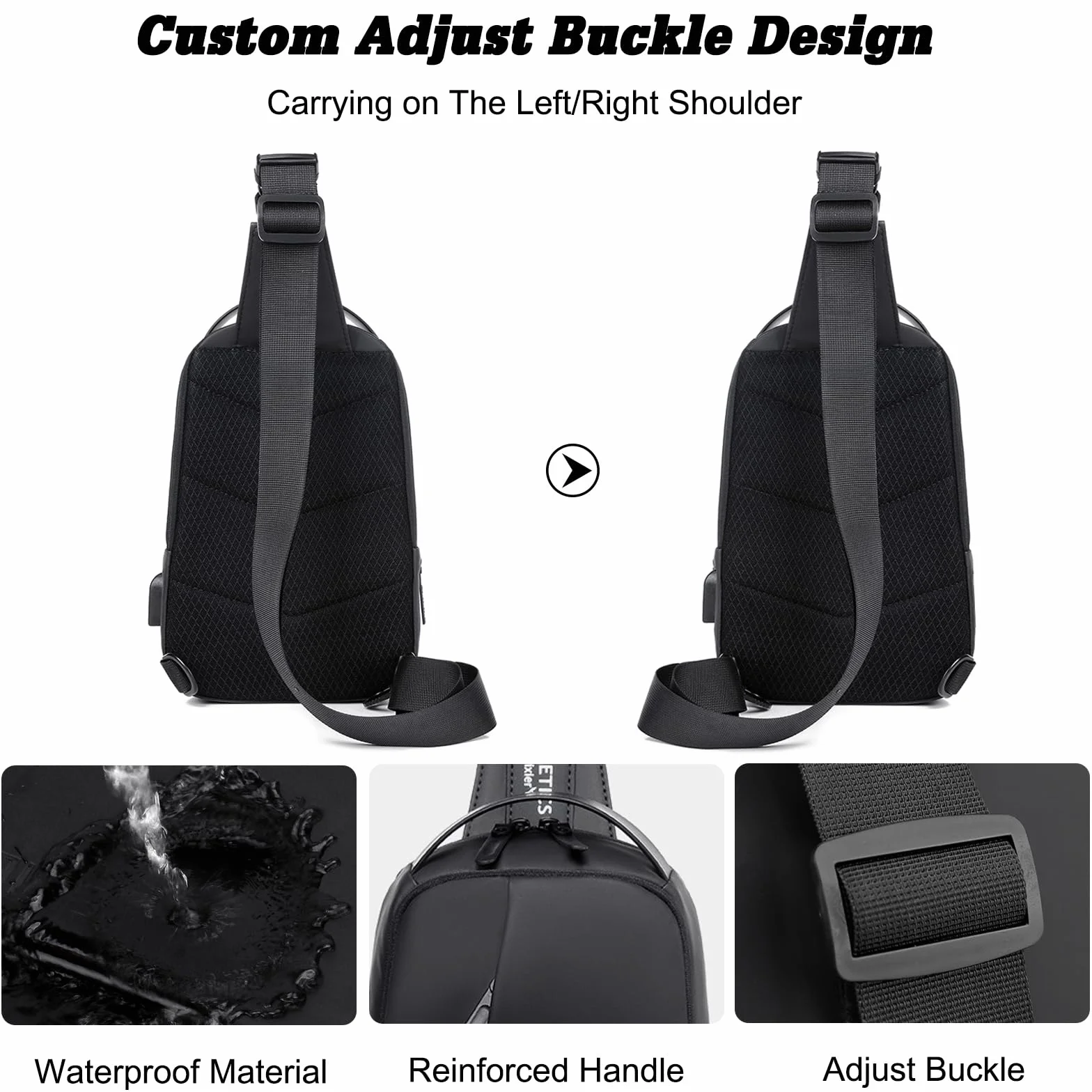 FANDARE Bandolera Hombre Bolsa Cruzada con Puerto de Carga USB Nailon Negro