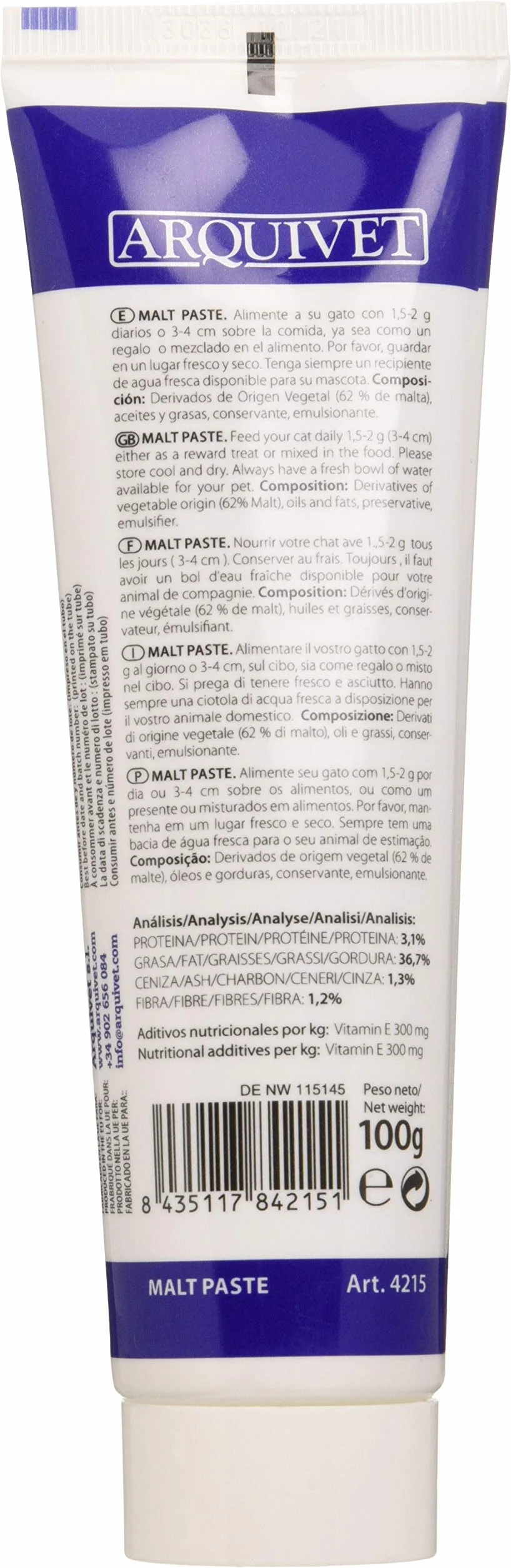 Arquivet Pasta de Malta para Gatos 100 gr - Ayuda a prevenir la acumulación de Bolas de Pelo - Favorece el tránsito intestinal - Alimento complementario para Gatos