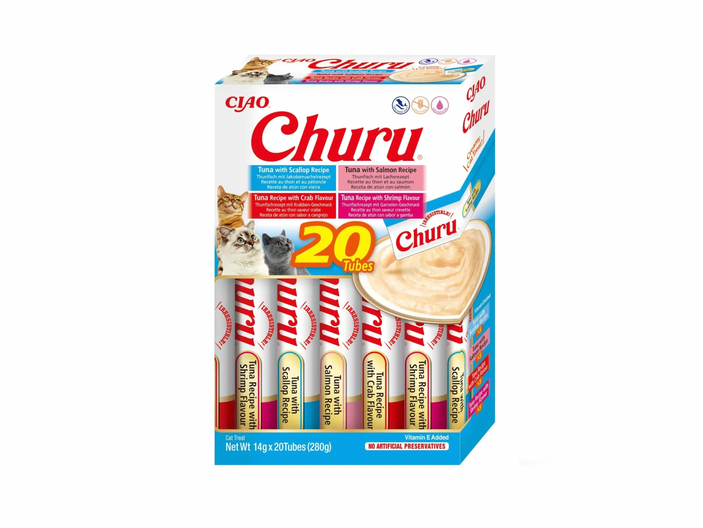 INABA Churu Gatos - 4 Recetas de Snacks Saludables a Base de Atún - Deliciosos Premios con Textura Suave y Cremosa - Natural, Sin Cereales, Sin Conservantes, Sin Colorantes - 280g (20x14g)