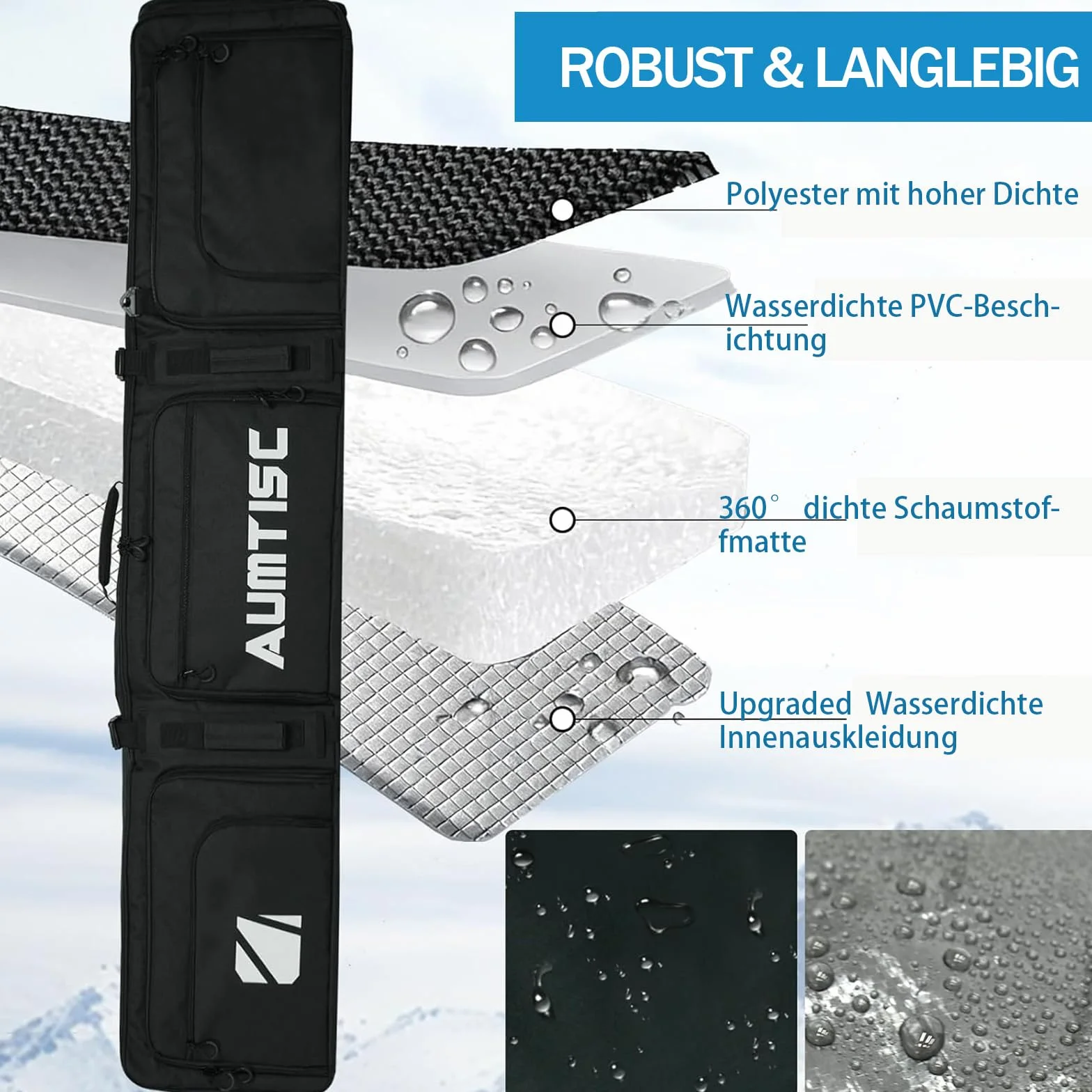 AUMTISC Bolsa de Snowboard con Ruedas Acolchada para Esquís 165-175 cm