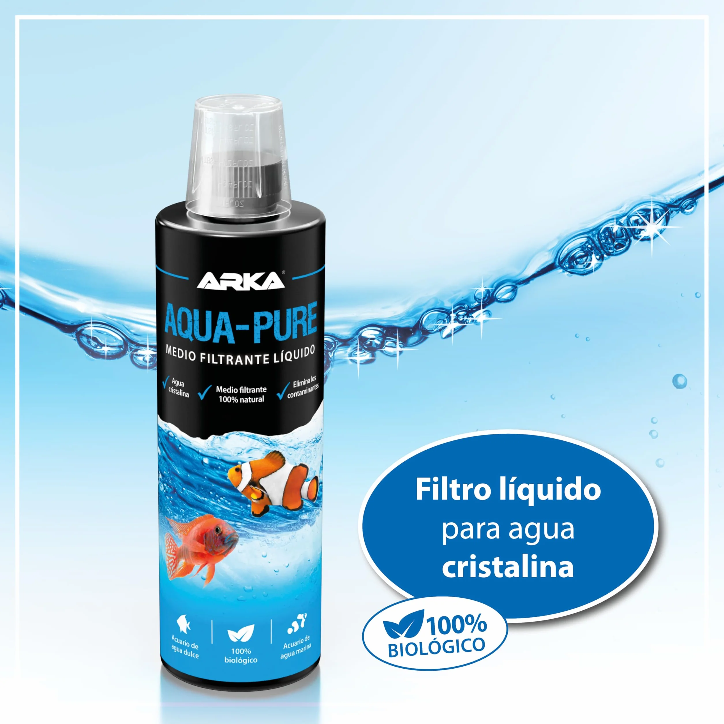 Aclarador de Agua Acuario 118 ml – ARKA Aqua-Pure – Elimina turbidez y residuos – Agua cristalina en acuarios Dulces y Marinos – 100% biológico con bacterias filtrantes – Seguro para Plantas