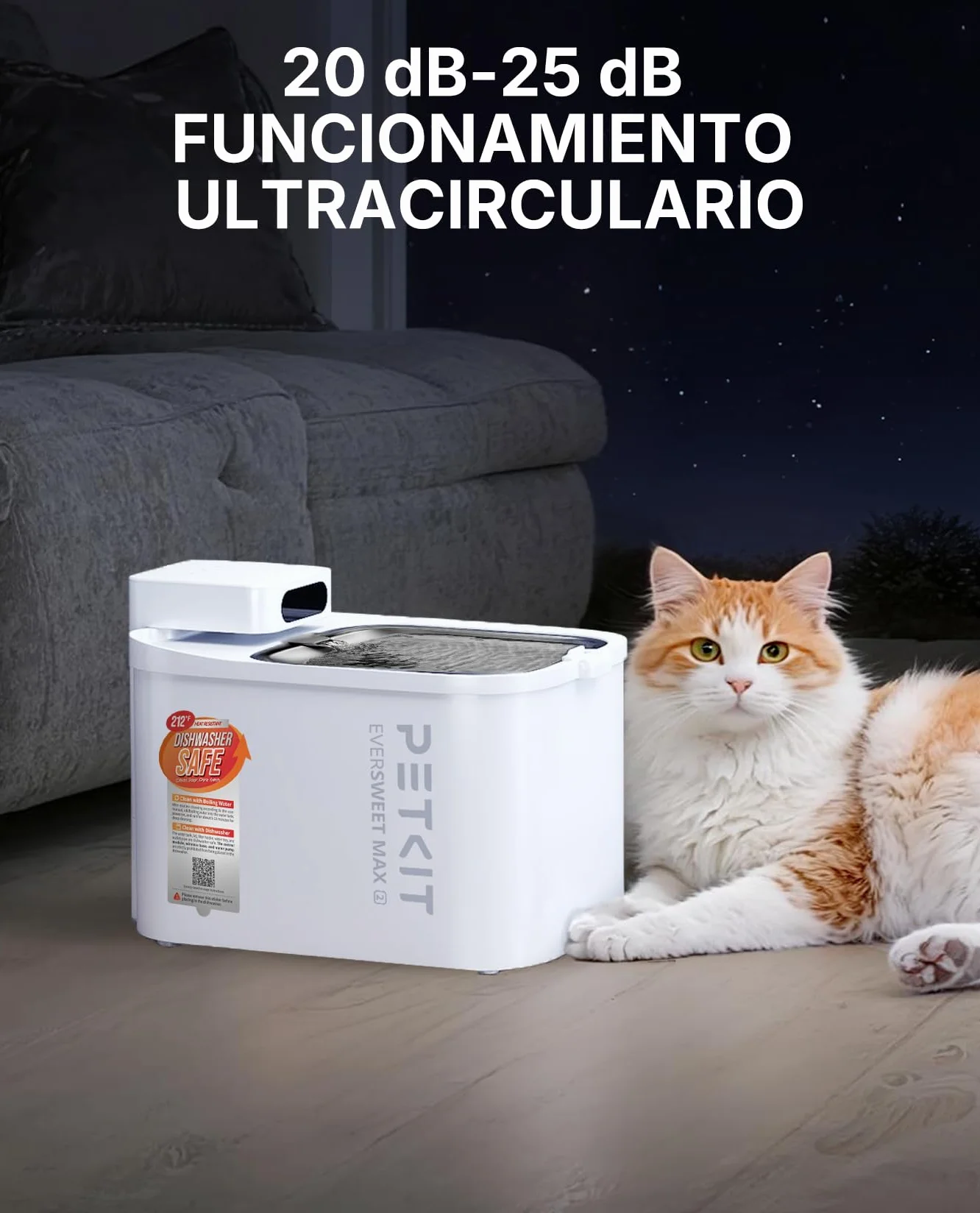 PETKIT EVERSWEET MAX 2 Fuente para Gatos sin Cable, Resistente al Calor, con Sensor de Movimiento, 5000mAh Batería Recargable, Control de App, 3L Bebedero Gatos Automático, Acero Inoxidable