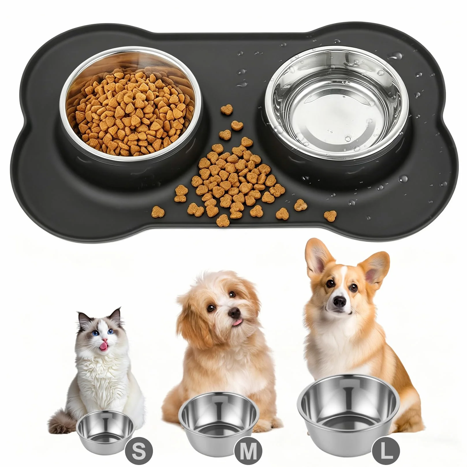 2 PcsComedero Perro Pequeño, Comedero Gatos, Comedero y Bebedero Perros Antigoteo, Comederos Bebedero para Gatos Perros Mascotas de Acero Inox, con Base de Silicona Antideslizante (S 36 x 21 cm)