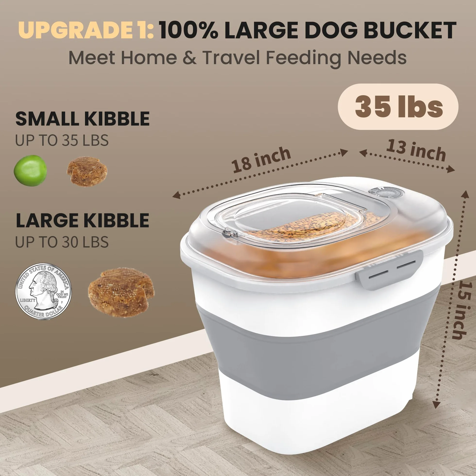 Contenedor de almacenamiento de alimentos para perros de 32 a 35 libras, contenedor plegable de comida para perros con tapa hermética transparente, ruedas, pista de fecha, contenedor de