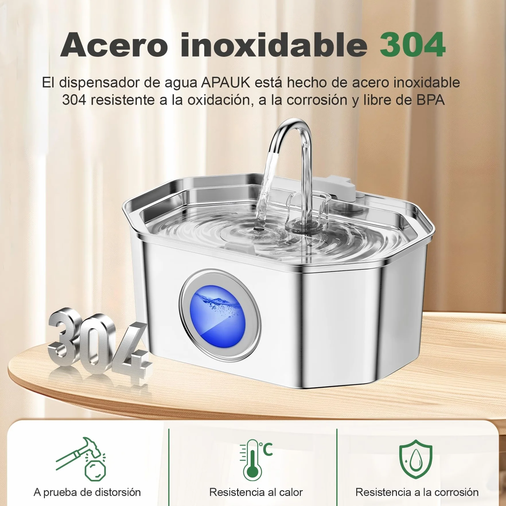 Apauk 3.2L Fuente para Gatos Acero Inoxidable, Bebedero Gatos, Silencioso Fuente de Agua para Gatos y Perros pequeños, con Ventana LED, Sistema de Filtro Multicapa(2 Filtros & 2 Esponjas)