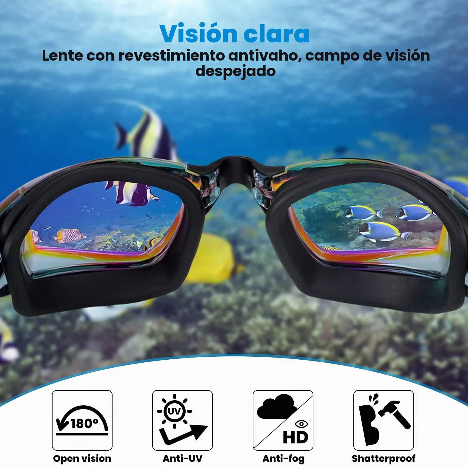 Gafas de Natación Unisex Adultos UV Protegido Espejo Gran Angular 180° Antivaho Buceo con Estuche