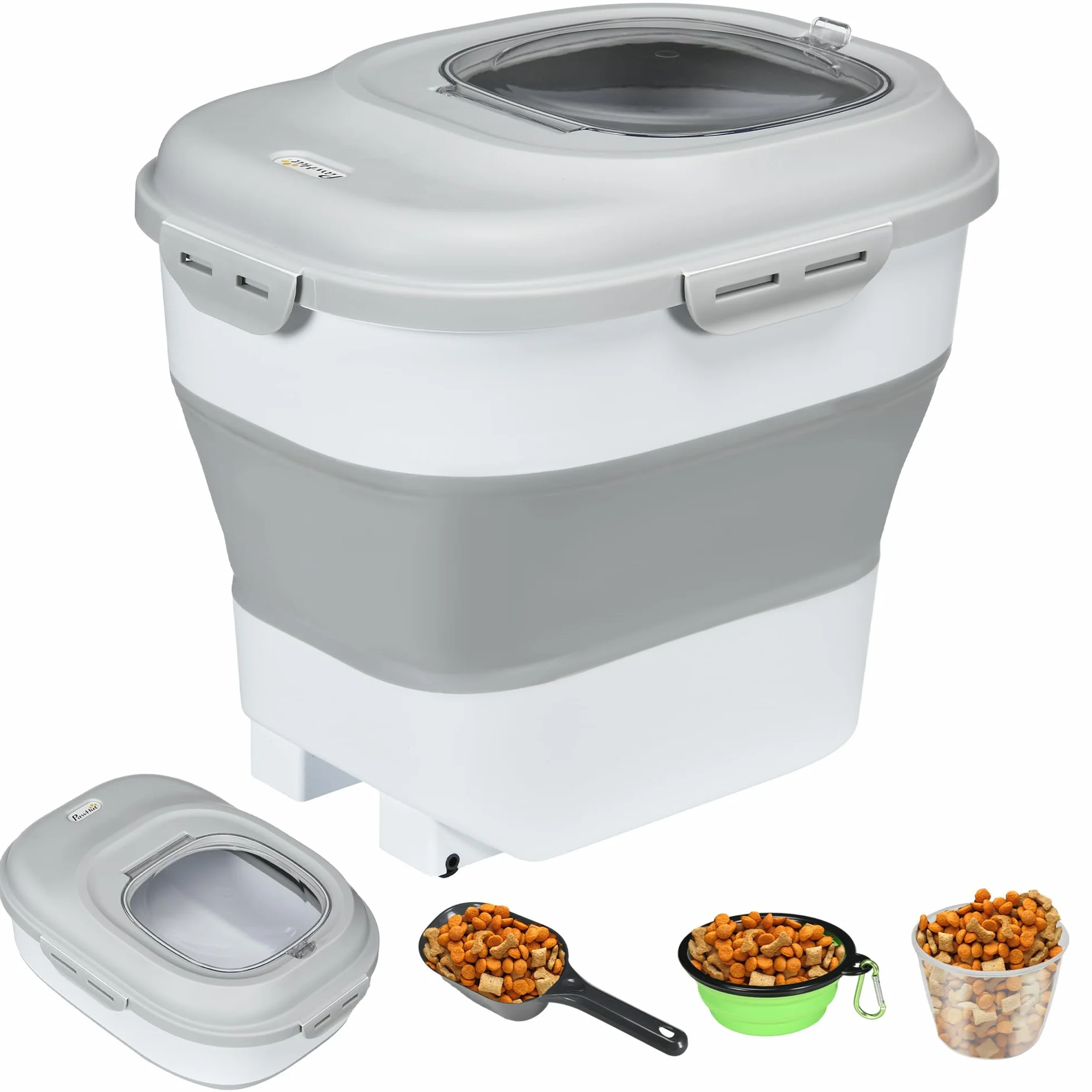 PawHut Contenedor de Comida para Perros Plegable 25L Contenedor de Pienso con Ruedas Taza Medidora Cuenco Plegable y Cuchara Contenedor de Comida para Mascotas Gatos Gris
