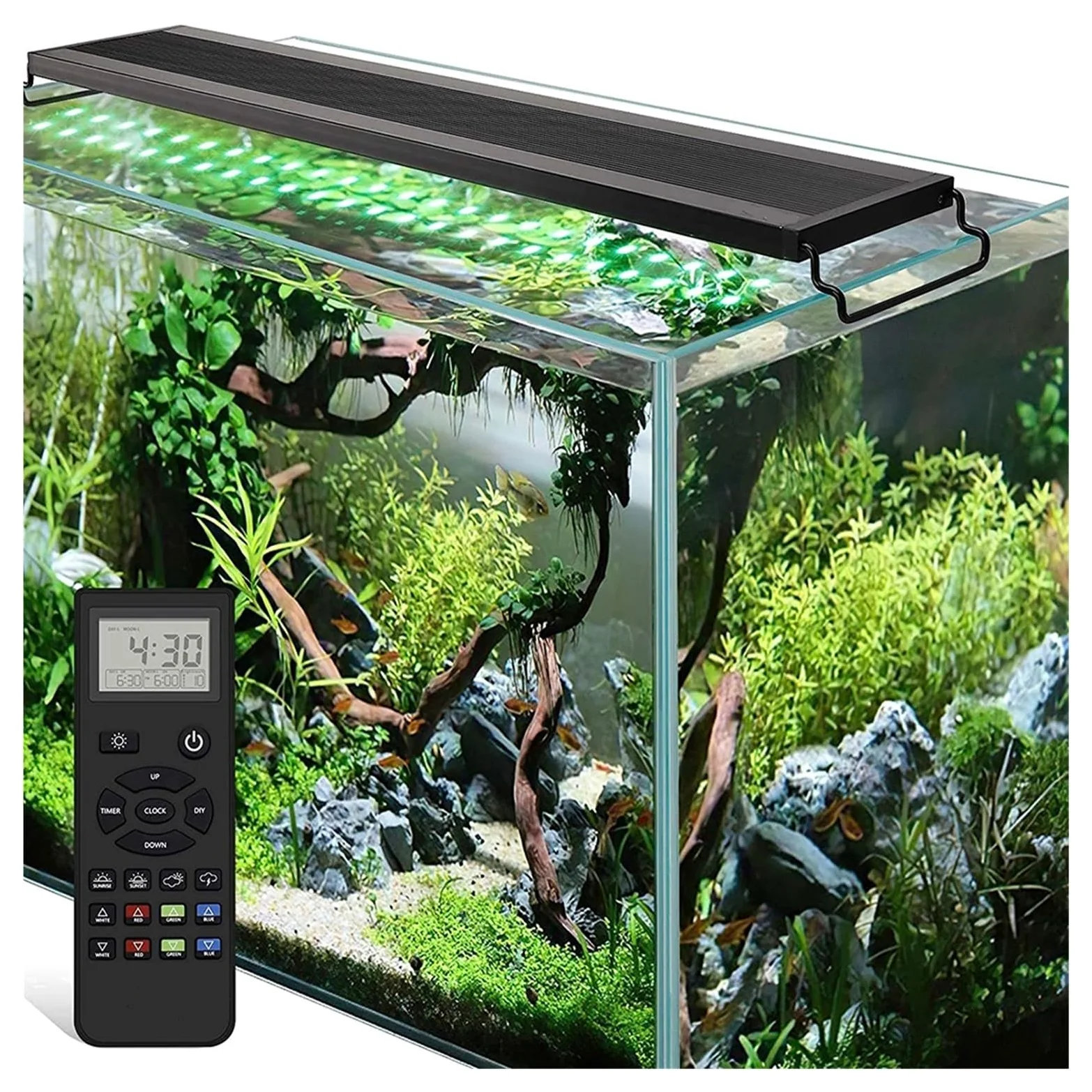 VCHICS Luces LED de arrecife, Luz de acuario con Control remoto 30/45CM temporizador, luz tanque peces espectro completo modo meteorológico, lámpara LED RGBW for plantas agua(45CM)