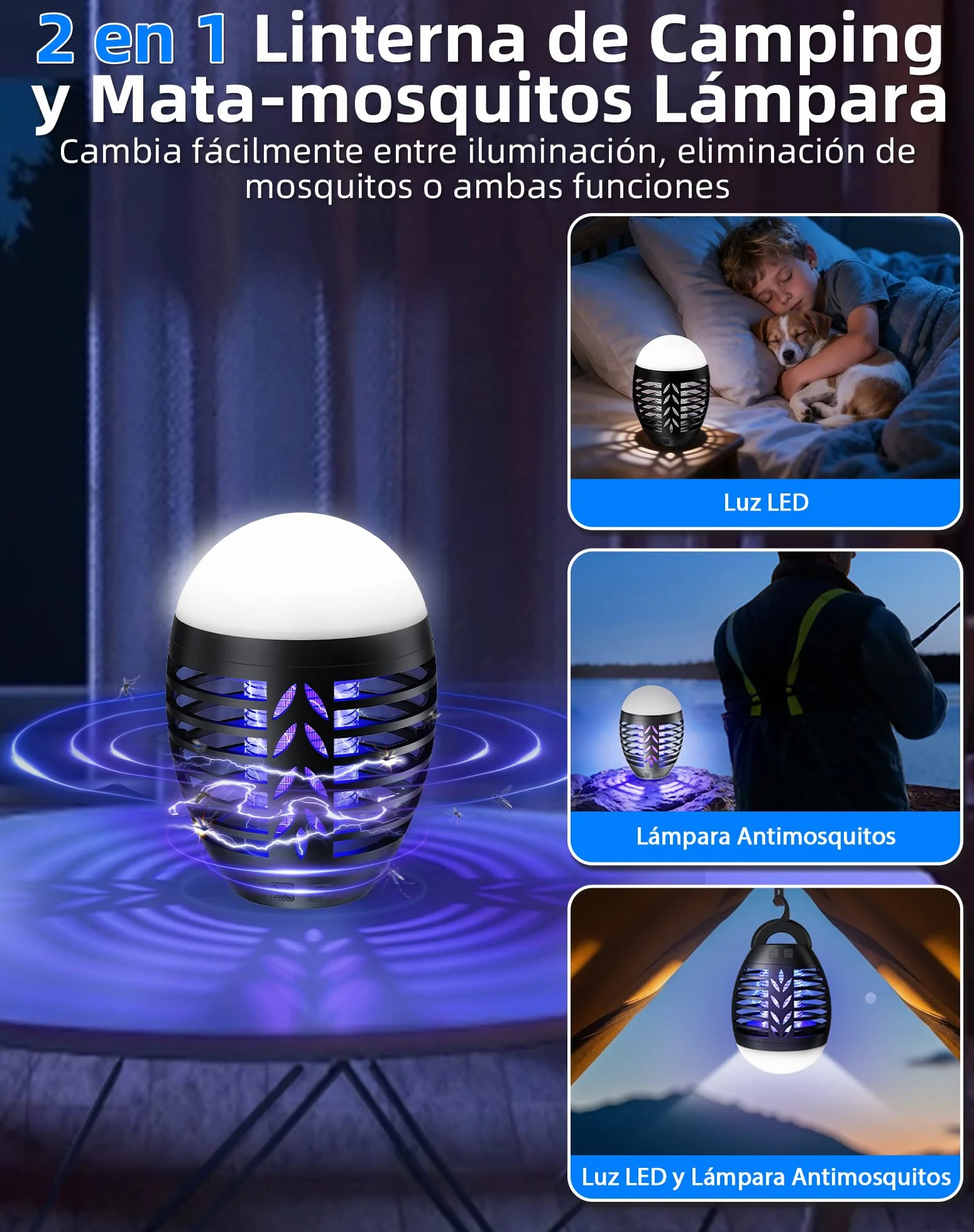 Lámpara Antimosquitos 2 en 1 LED USB Recargable IP66 Impermeable UV para Exterior Camping