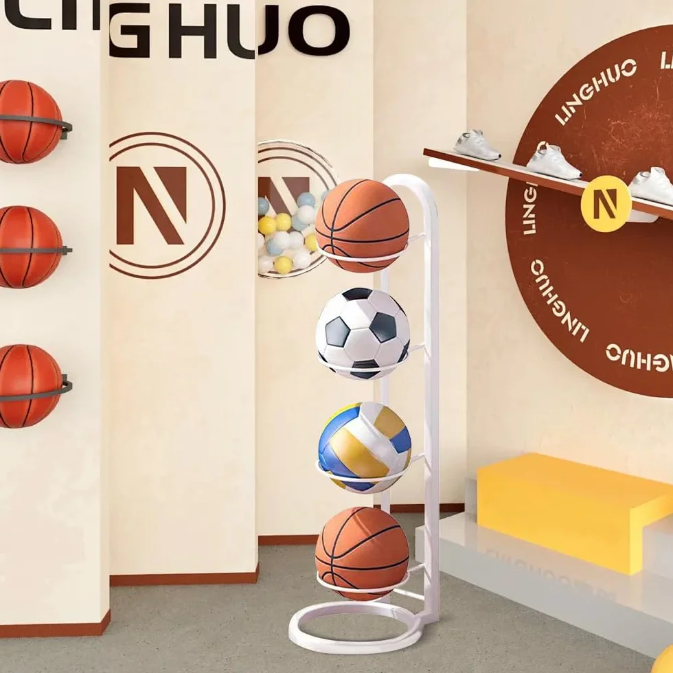 Soporte vertical para balones de metal, estante de 4 niveles para voleibol, baloncesto, fútbol (blanco)