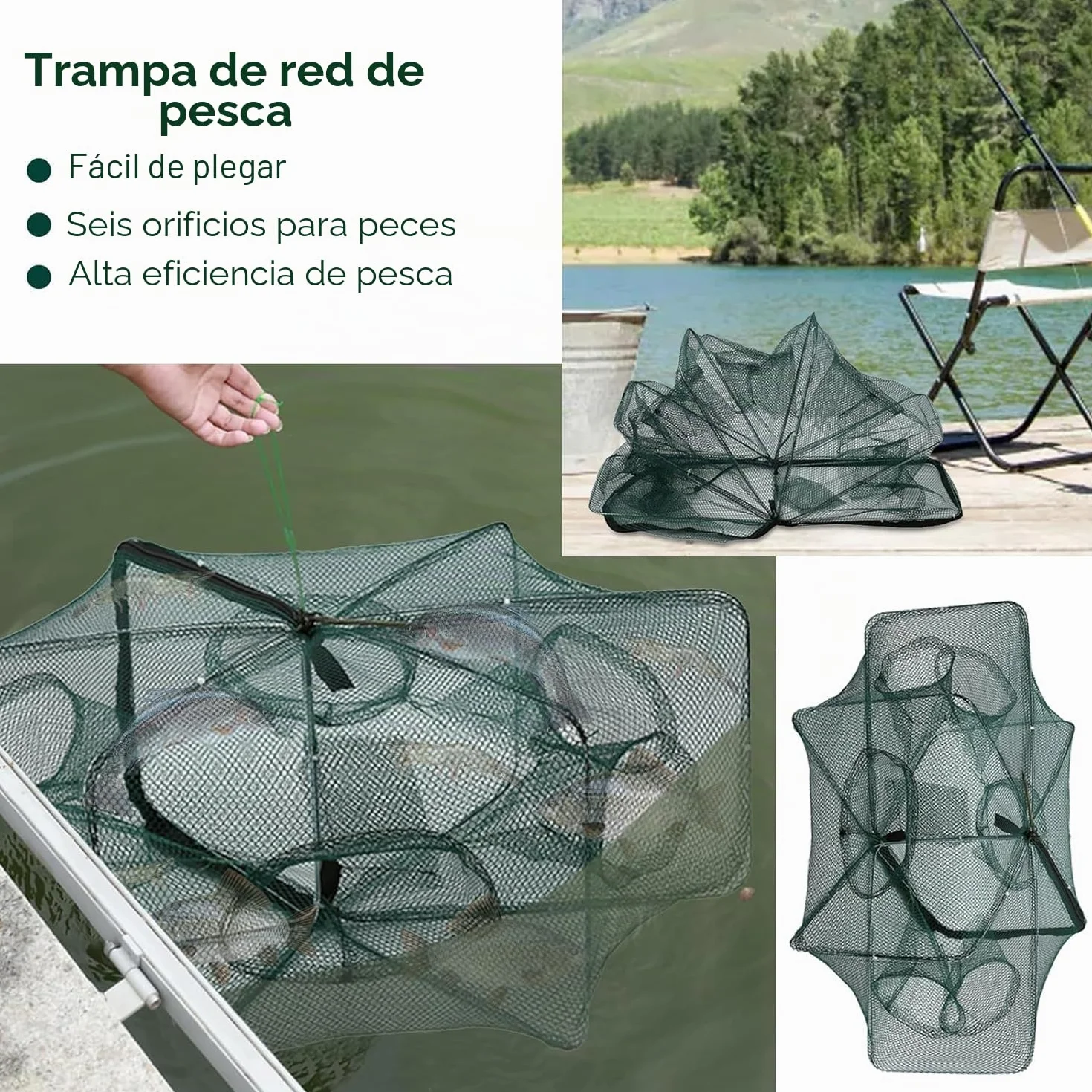 Red de Pesca Plegable Cremallera 6 Agujeros Automática Nailon Trampa Peces Cangrejo