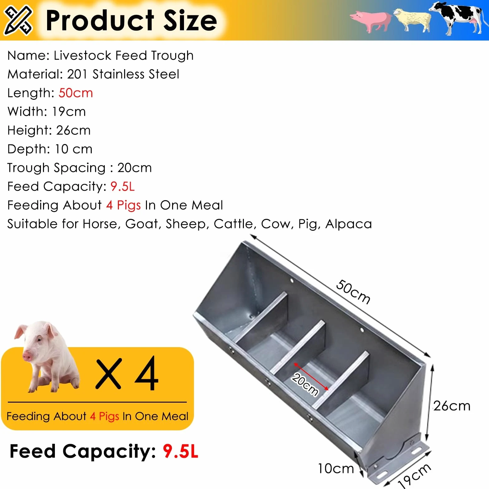 Comedero de Acero Inoxidable para establos de Caballos - 50/100/150/200 cm. Comedero para Ganado (ovejas, Vacas, Cerdos) - Comedero 2 en 1 para Grano y Agua, se Puede Colgar con Tornillos (5