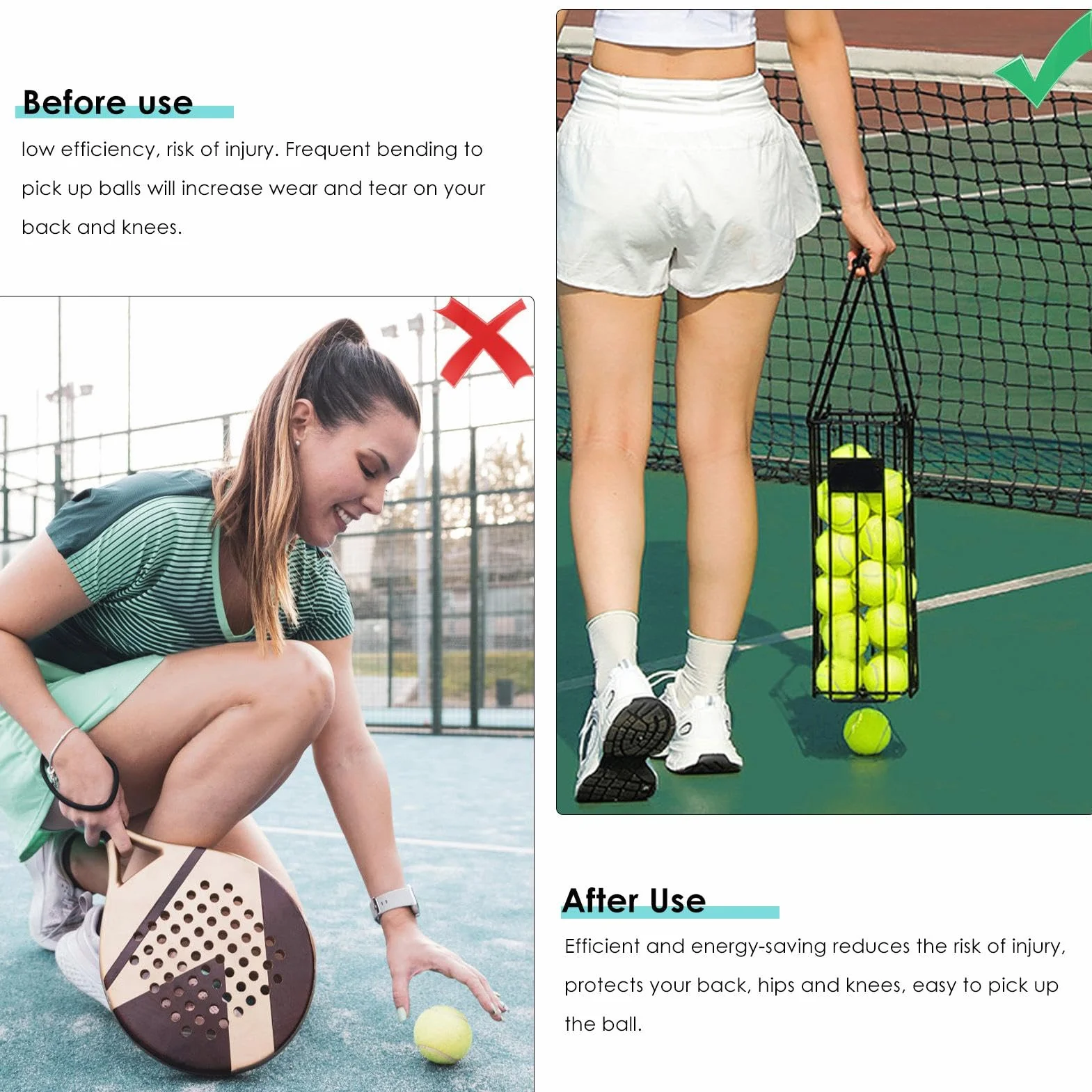 Cesta recogedora de pelotas de tenis de acero inoxidable con mango