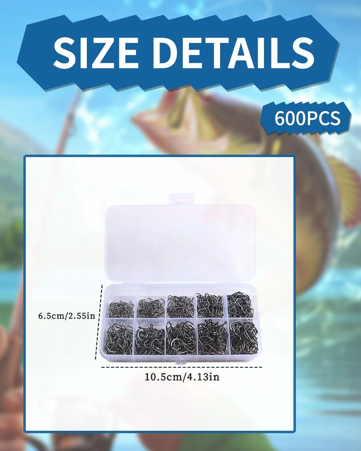 Anzuelos de Pesca 600 PCS 10 Tamaños, Gancho de Acero al Carbono con Caja de Plástico 3#-12#