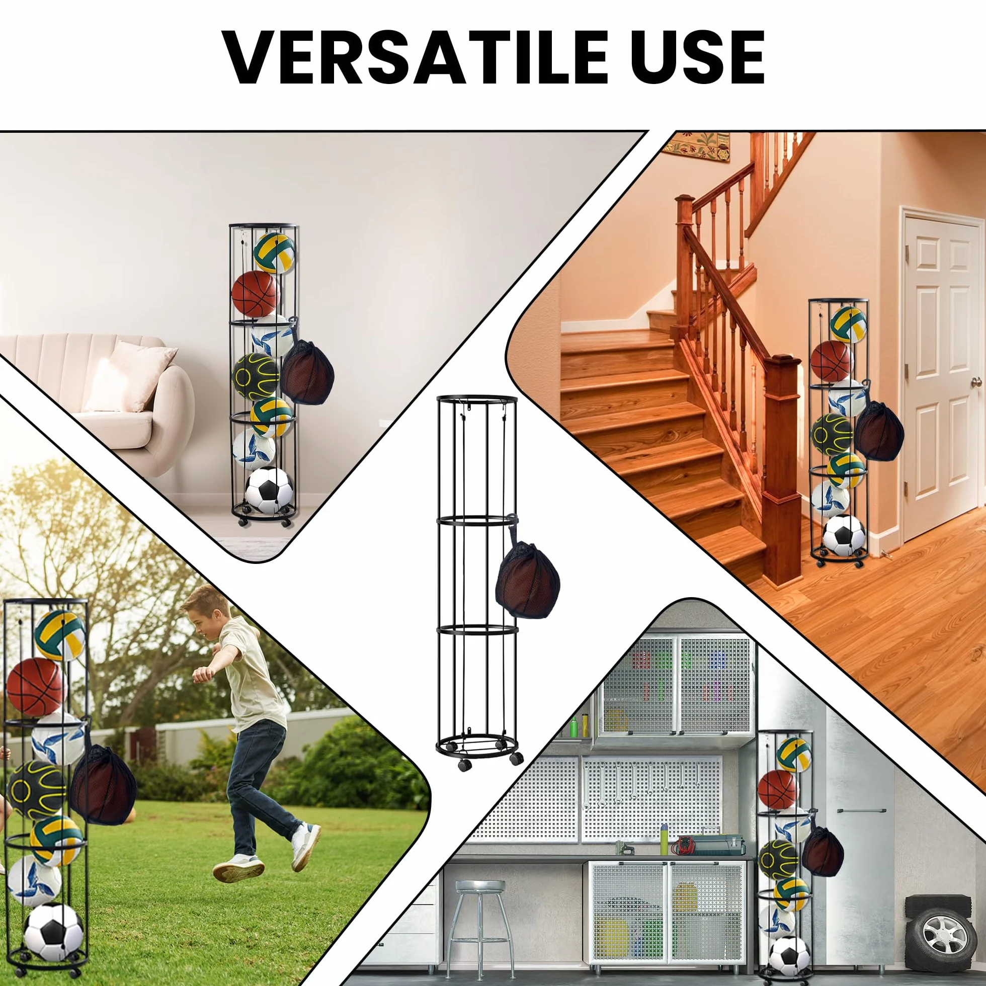 Estante para Pelotas de 3 Niveles con Ruedas, Soporte Extraíble con Red, Almacenamiento Deportivo para Voleibol, Baloncesto y Fútbol