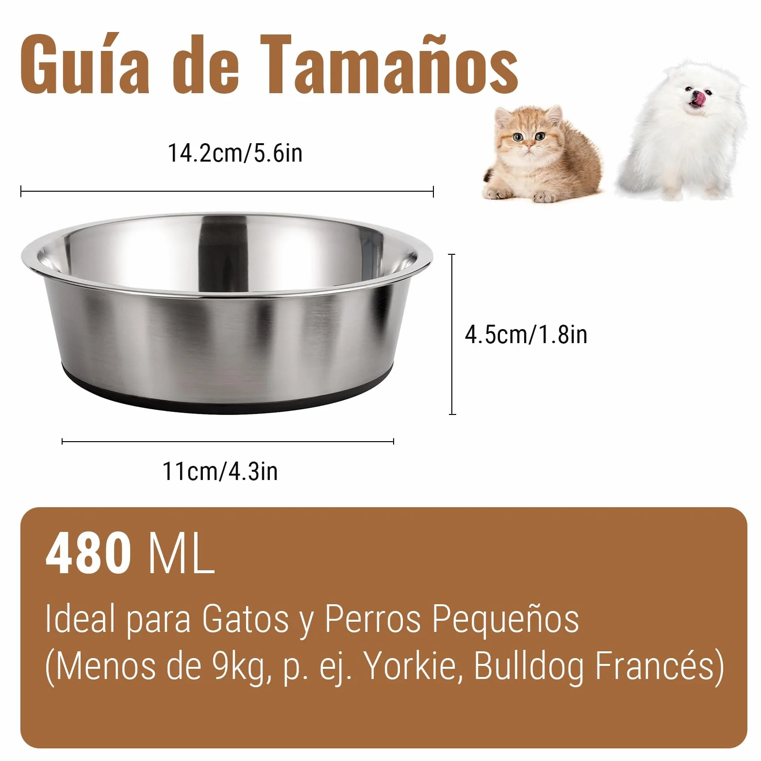 PEGGY11 Cuencos de Acero Inoxidable para Perros y Gatos, Antideslizantes, Parte Inferior de Goma, Grado Alimenticio, Sin BPA, Aptos para Lavavajillas, Fáciles de Limpiar, 480 ml, 2 Paquetes