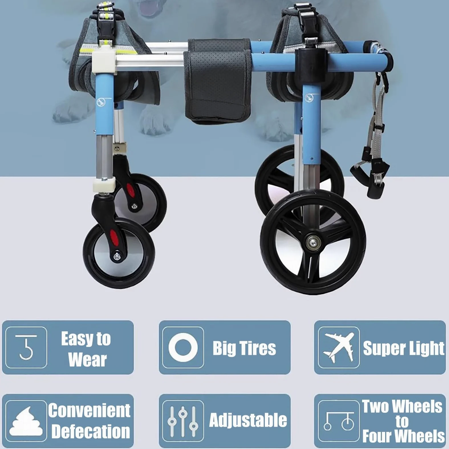 Silla de ruedas para perros de 4 ruedas, silla de ruedas ajustable de apoyo completo para perros discapacitados, se puede convertir en 2 ruedas, rodillera para patas traseras, adecuada para