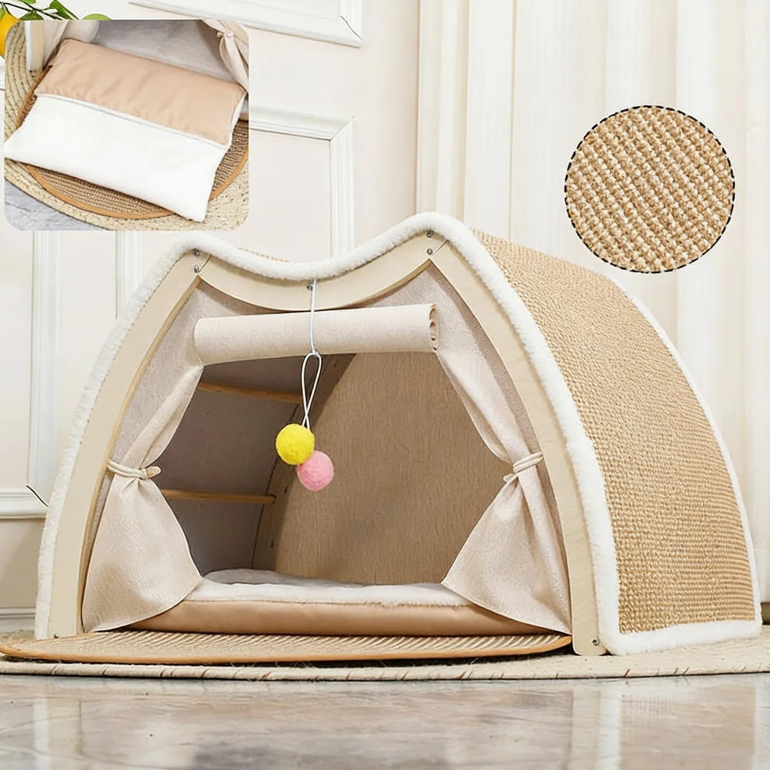 Cama Tienda para Gatos Casa para Gatitos con Rascador de Sisal | Cama Cueva para Gatos para Interior en Invierno Sala Dormitorio Suelo