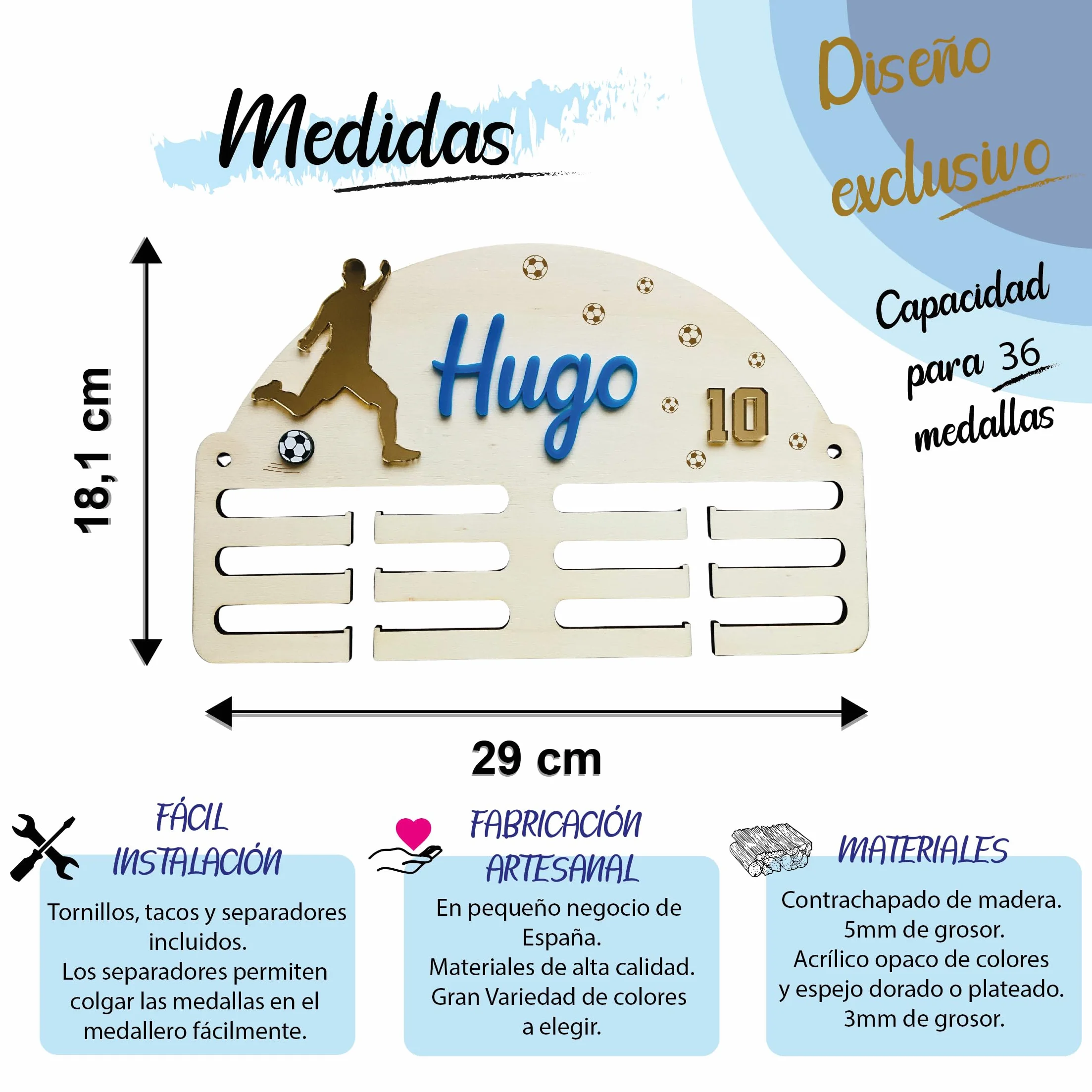 Medallero Fútbol de Madera Personalizado con Nombre, Acrílico, Fabricado en España