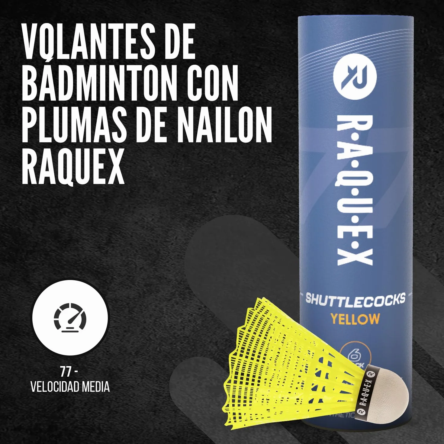 Raquex Tubo de 6 Volantes de Bádminton de Nailon y Corcho Natural, 3 Velocidades, Blanco/Amarillo